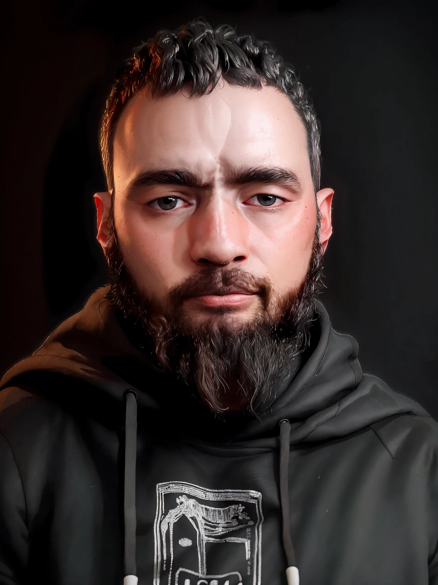 32K, Masterpiece, cinematic, perfect shading, art station enhanced, visually arresting photograph of <lora:josephov1:1> josepho, short hair, dark hair, beard, lowered hoodie, (((simple black background)))