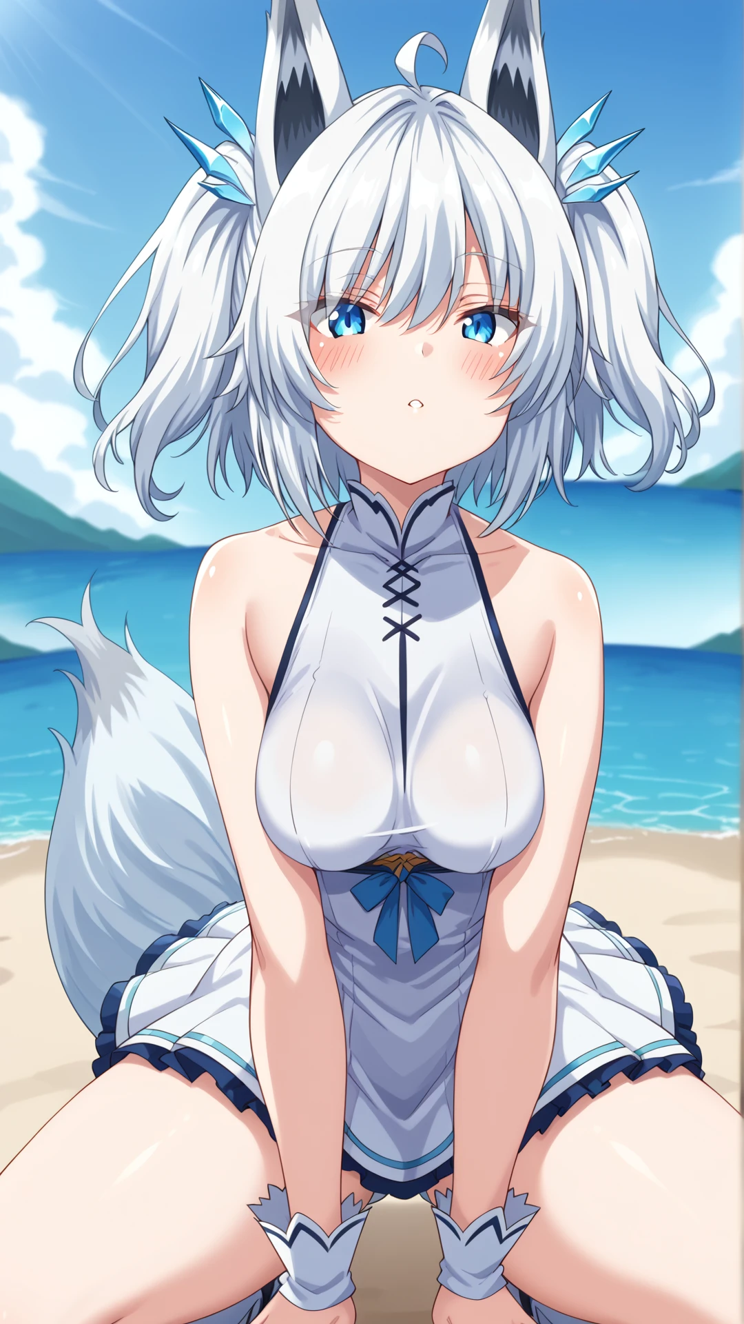 Anime style humanoid girl with wolf features with ears tail with gray hair naked swimming in the water, the girl&#39;s full body and her intimate parts in detail and sexy