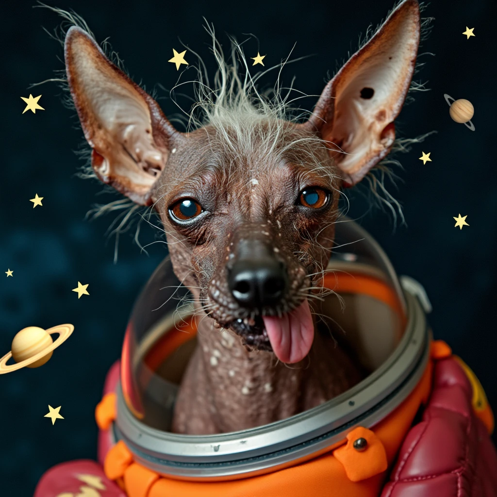 uglydog, an ugly skinny hairless dog, blind, balding ugly skin, tongue hanging out with long toenails, Cosmo the Space-dog, no ears, without ears, wearing a space helmet, floating in space near Saturn, UFO in the background with stars and planets