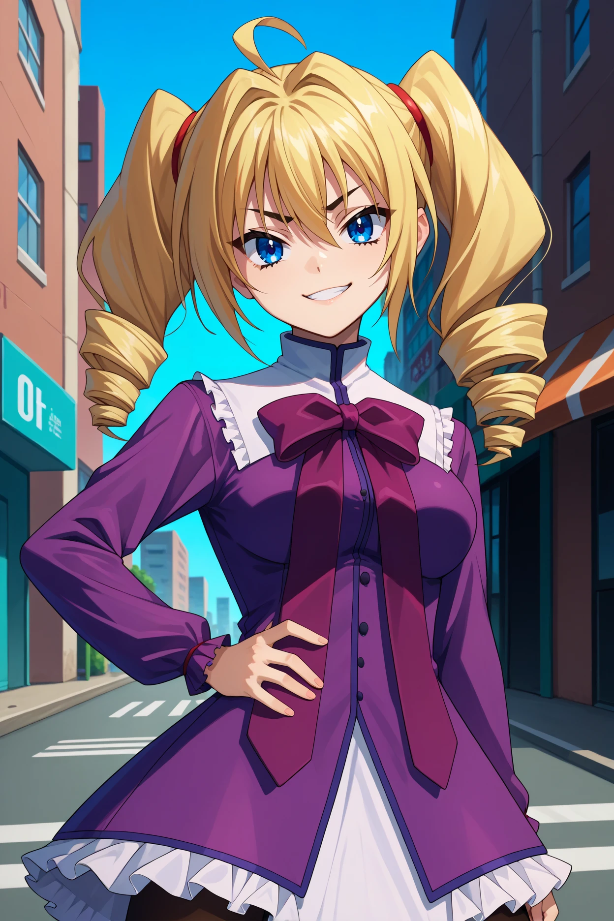 score_9, score_8_up, score_7_up, score_6_up, source_anime BREAK 1girl, solo <lora:ravelphenex-pdxl-nvwls-v1-000004:1> dxdRP, blonde hair, ahoge, twin drills, blue eyes, breasts, purple dress, long sleeves, purple bow, white collar, frilled dress, black pantyhose, loafers, looking at you, hand on hip, smirk, city, blue sky