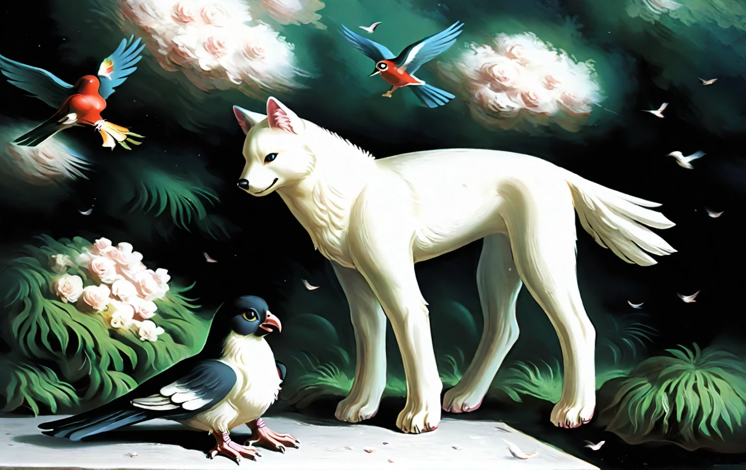 <lora:sabinbalasa_pony_v2:1>' kitsch ' by Balasa Sabin in 1999, symbolic painting \(genre\), Kitsch \(style\), Surrealism \(style\), a scene with a white dog, a black cat, and a bird,, score_9, score_6_up, score_7_up