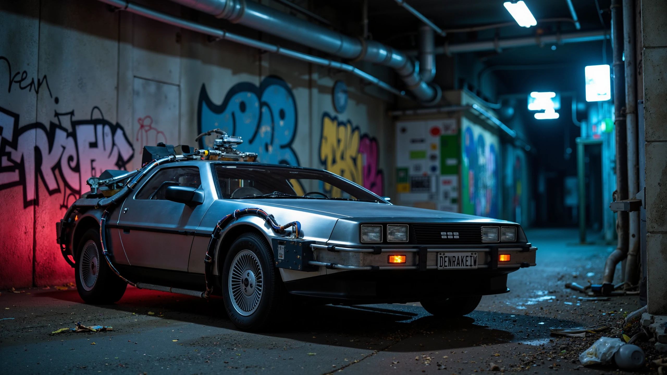 In a dark cyberpunk alleyway, numberplate reads DENRAKEIW, , DeLorean-inspired  a retro-futuristic car with visible wear and tear is parked beneath flickering industrial lights. Graffiti-covered walls and exposed pipes contribute to the gritty, dystopian atmosphere, with trash scattered on the ground. closed doors,The metallic body of the car reflects a faint neon glow from a distant light.