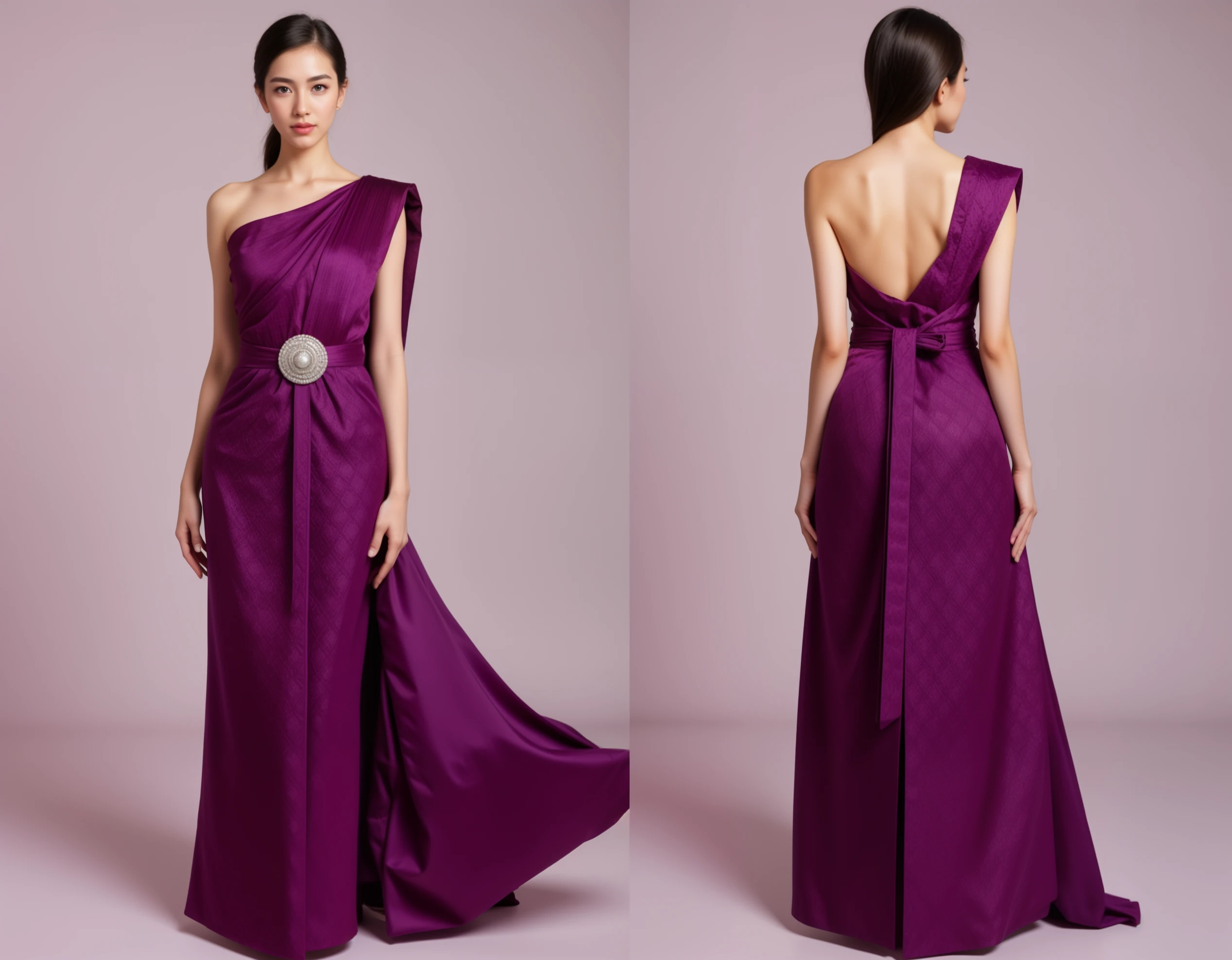 "A rich purple Thai traditional dress reinterpreted as a stunning evening gown, with dramatic cuts and luxurious fabric, perfect for a high-fashion event."

<lora:Thai_tradional_dress_Flux_-000005:0.85>