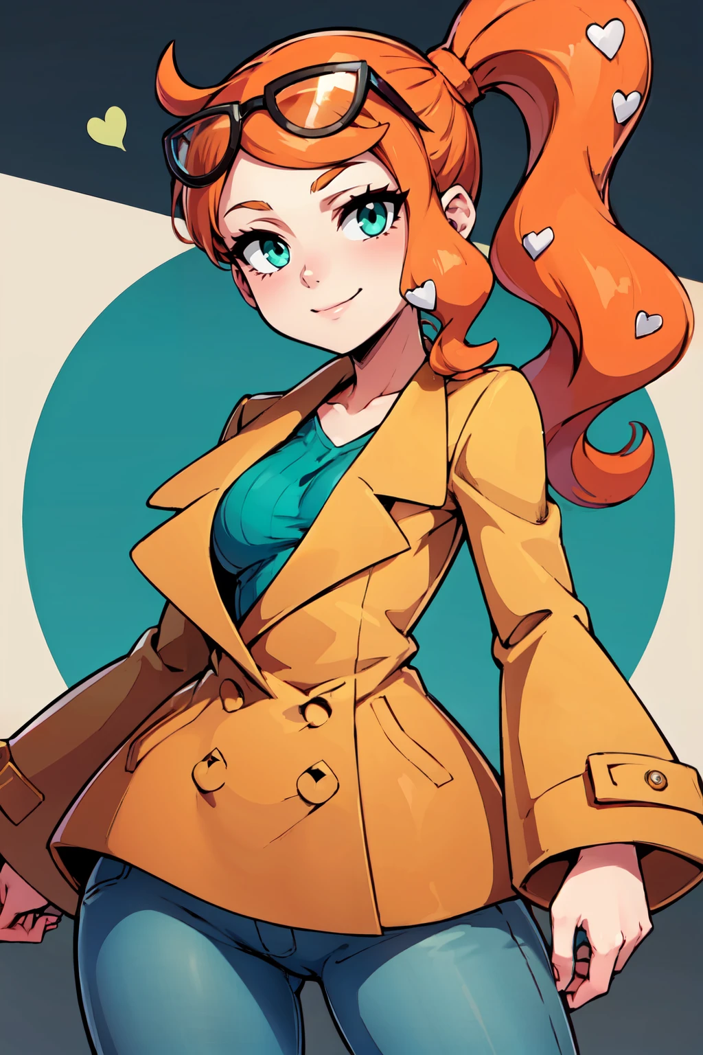 ((masterpiece,best quality)), absurdres,  BREAK, , <lora:Sonia_Pokemon:0.8>, zzSonia, aqua eyes, orange hair, long hair, side ponytail, hair ornament, heart hair ornament, eyewear on head, brown coat, green shirt, pants, , BREAK, hip to the side, hand on hip, contrapposto,, BREAK, solo, smile, looking at viewer, cowboy shot,