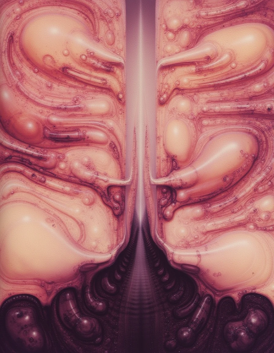 <lora:flux_giger_000001600:1.6>gigerart. A piece of artwork by HR Giger. The artwork depicts an abstract and surreal landscape characterized by organic shapes resembling tissue and veins, rendered in shades of pink and beige. The scene appears to capture the natural patterns found in organic matter. Textures within the image evoke the feeling of a living surface, with fluid-like formations and swirling lines converging towards the center. The closer to the viewer the skin becomes, the more boils and decay are visible in the flesh. Dark, clotted tumourous growths can be seen the bottom of th eimage.