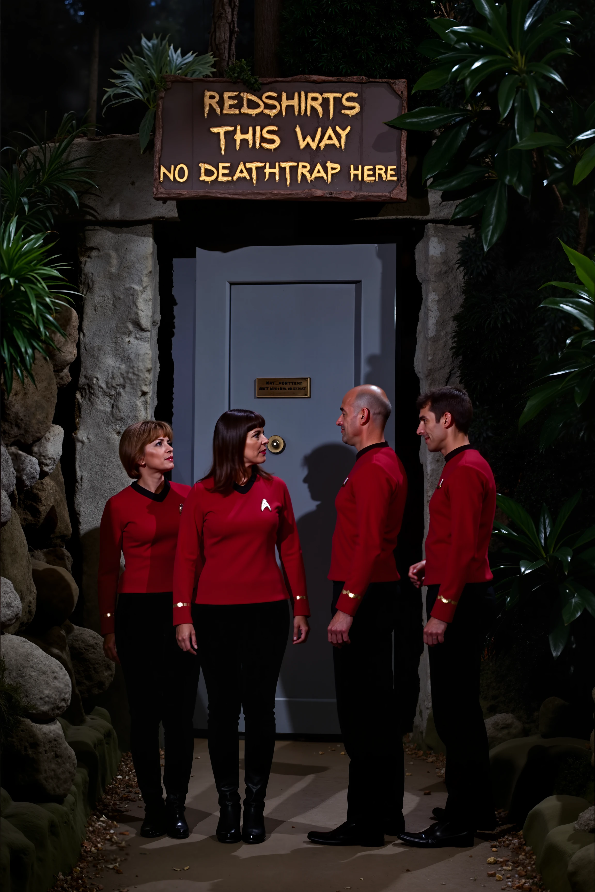 A group of people dressed in classic red TOS uniforms cautiously approaches a worn, metallic sign that reads "Redshirts This Way, No Deathtrap here" in bold, slightly faded letters. The sign is perched on a rocky outcropping at the edge of a dense, alien forest, where strange, otherworldly plants glow softly in the dim light.

The narrow path they follow is lined with jagged rocks and mysterious alien flora, the atmosphere tense with the ominous silence.

The door is made of heavy metal with a circular handle in the center. One of the redshirts, with a hesitant shrug, steps forward to open it, the others standing just behind, holding their breath.

On the other side of the door is a vast, empty void beyond.
