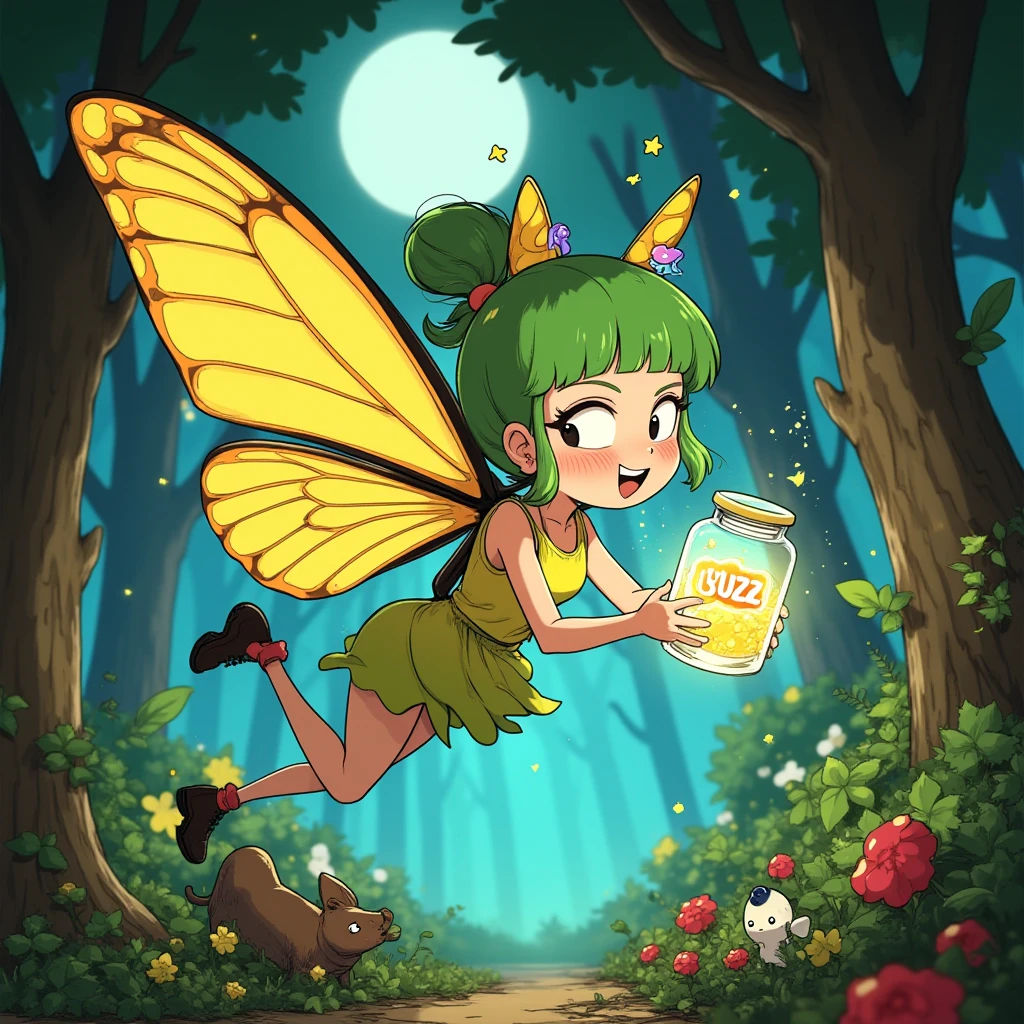 Juaner_cartoon,A whimsical fairy with butterfly wings and green hair, holding a glowing jar with "buzz" inside, flying through a lush, enchanted forest, with sparkles and magical creatures around her.