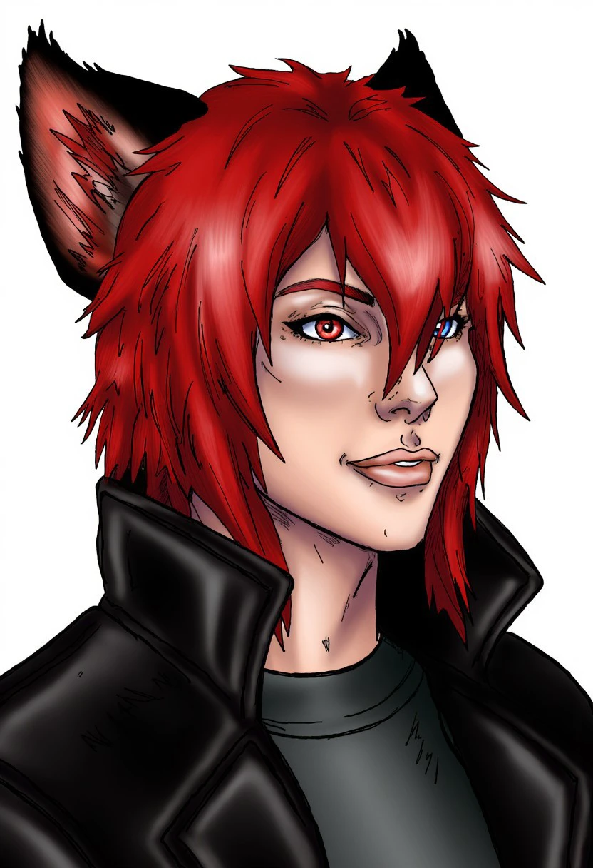 a comic book illustration from Duskfallcrew Art Style, a nonbinary transgender male with blue and red heterochromia eyes, medium length red hair, anthro, cat ears, black leather jacket, portrait, illustration style