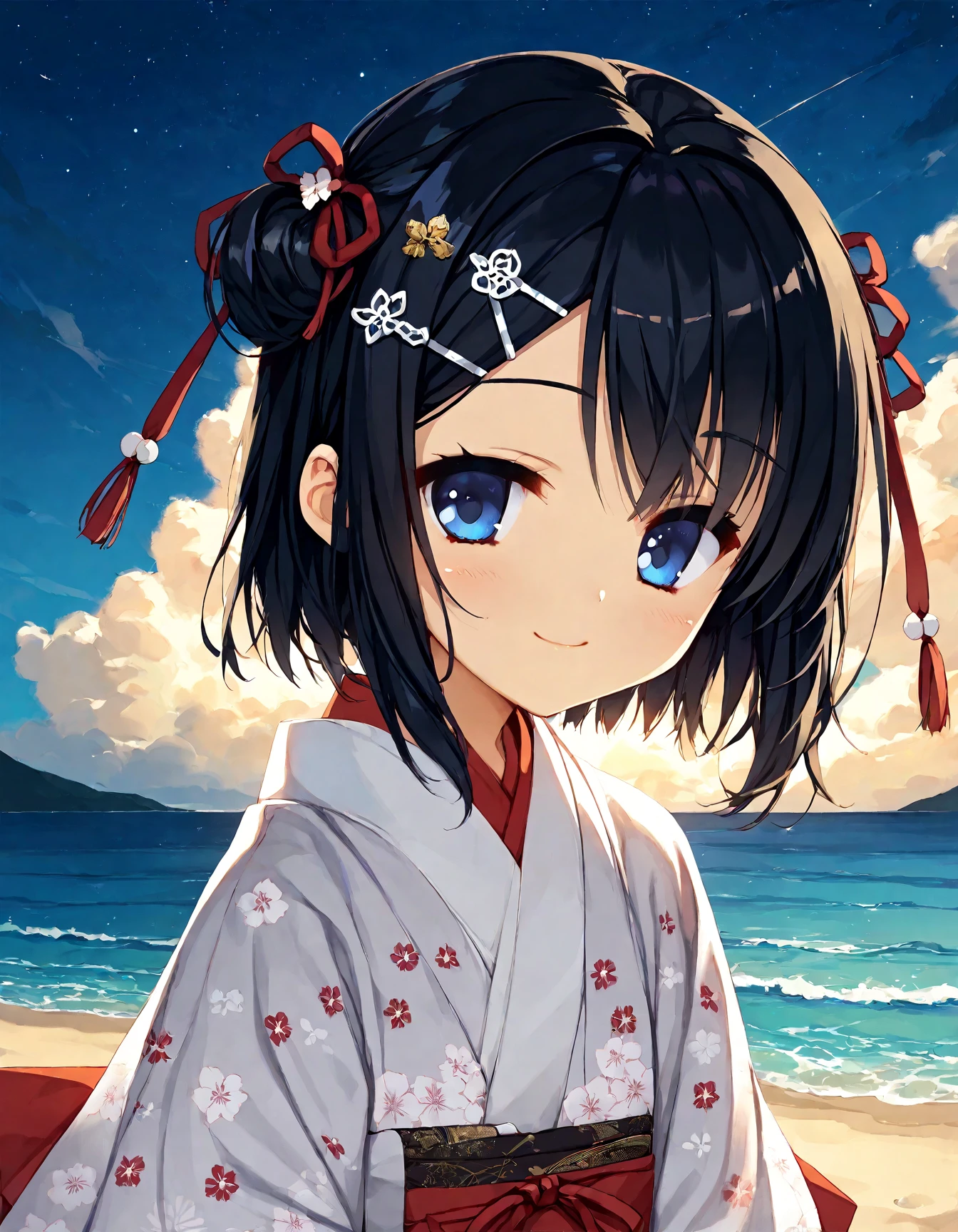 (score_9,score_8_up,score_7_up),source_anime,best quality,masterpiece,
yuzusoft_middle, 1girl, solo, black_hair, blue_eyes, miko, hairclip, smile, ocean, hair_ribbon, short_hair, looking_at_viewer, kimono, night_sky, red_ribbon, blush