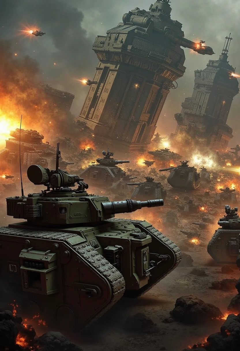 In the middle of a chaotic spaceport under siege, a Leman Russ battle tank holds the line against waves of enemy assault. The spaceport is a sprawling complex of landing pads, hangars, and supply depots, now engulfed in flames and smoke. The tank is positioned near a massive hangar, its battle cannon aimed at enemy dropships attempting to land reinforcements. The sound of anti-aircraft fire and the roar of engines fill the air as the Leman Russ unleashes devastating firepower, turning the tide of battle in the Imperium’s favor.

Photograph Description: The photorealistic image captures the intensity of the siege, with the Leman Russ at the heart of the action. The tank’s armor is illuminated by the fires raging around it, with sparks and debris flying through the air. The spaceport’s infrastructure is rendered in great detail, with damaged ships, burning fuel depots, and crumbling structures creating a chaotic backdrop. The tank’s position, partially shielded by a hangar, emphasizes its role as a bulwark against the enemy, while the dynamic lighting and smoke effects enhance the scene’s dramatic tension.