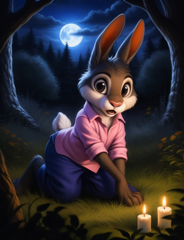 <lora:BrerRabbitLYif:1> BrerRabbitL, Rabbit, Red nose, pink shirt, blue pants, chibi, 
Looks at the viewer,  [ forest with ghosts, ((night)), moon, trees, stars,]    (all fours, cowgirl position,)
[ large window, (nature), forest, grass, clouds, flowers,  blue pillows, candles, bed, , ]
(beautiful, aesthetic, perfect, delicate, intricate, saturated colors), masterpiece, digital drawing, best quality,
[by personalami], by smitty g, [[[by Foxovh]]], [[by Ross Tran]]
