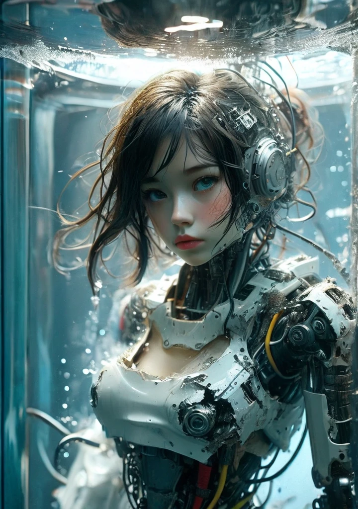 <lora:Stairway_to_liberation_ver1.4:1>inside glass tank,mecha girl,tube,wire, torn cloth,under water,lab,