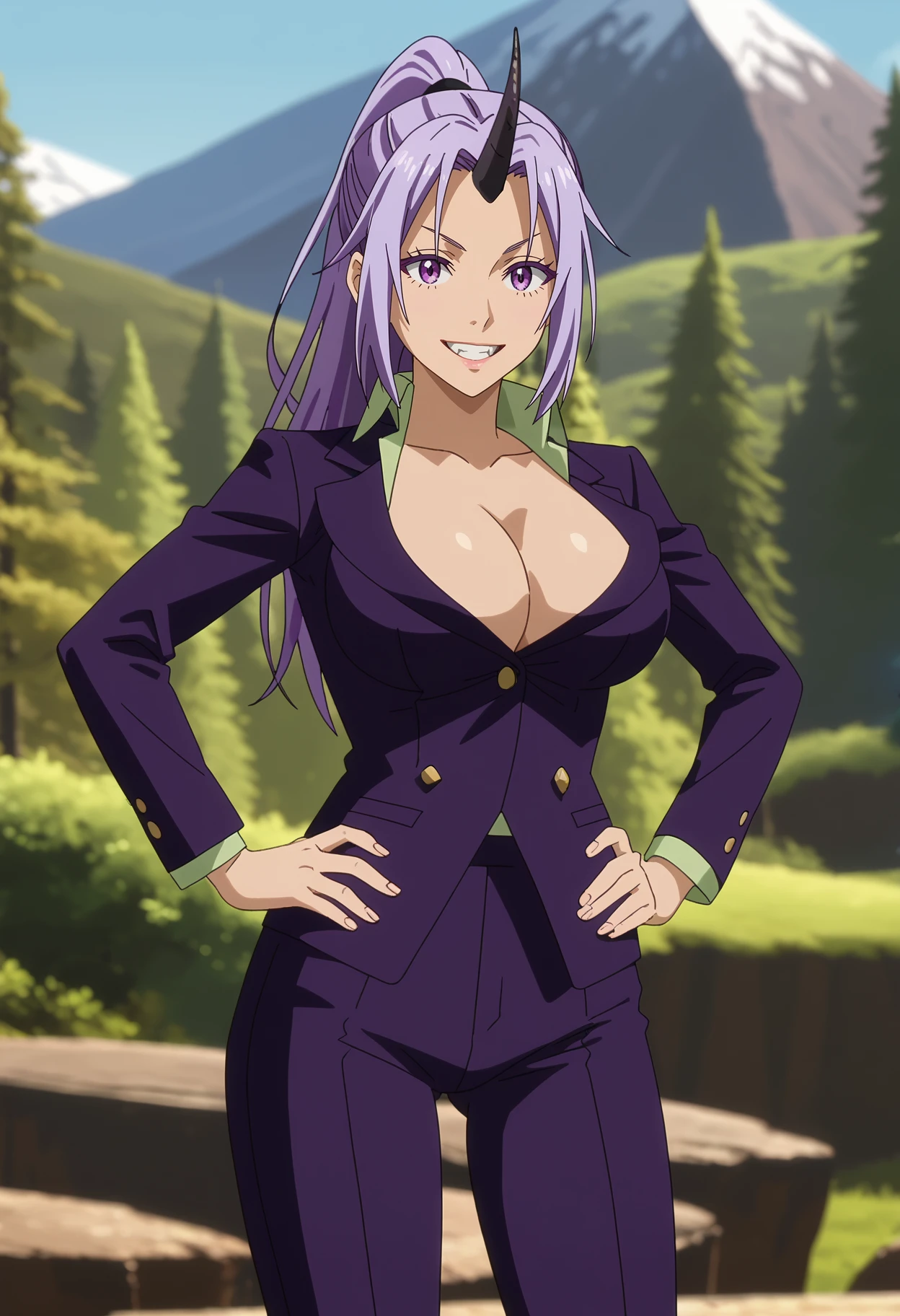 score_7_up, anime screencap,
<lora:TenSura_ShionXL:0.9>,
1girl, solo, light smile, grin, teeth,
high ponytail, long hair, purple hair, purple eyes, parted bangs, single horn,
ShionSecretary, purple jacket, large breasts, cleavage, long sleeves, purple pants,
hands on own hips, looking at viewer, cowboy shot, thigh gap,
blurry background, outdoors, mountains, scenery, forest, blue sky