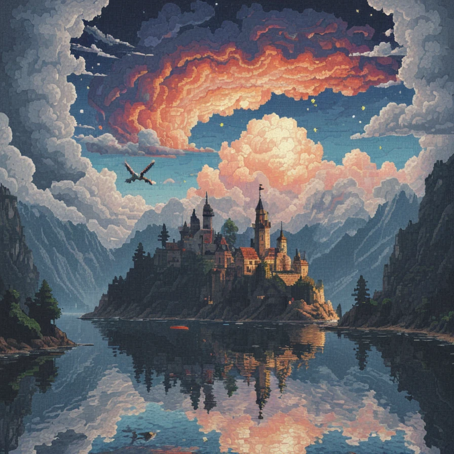 [[S_PixelArt of a blue mighty and mystical and powerful being with a glowing body and wings in the sky surrounded by clouds and mountains bringing forth creation with colourful magic swirling around above and mountains and a lake and castle below|S_PixelArt ]:S_PixelArt :0.5]