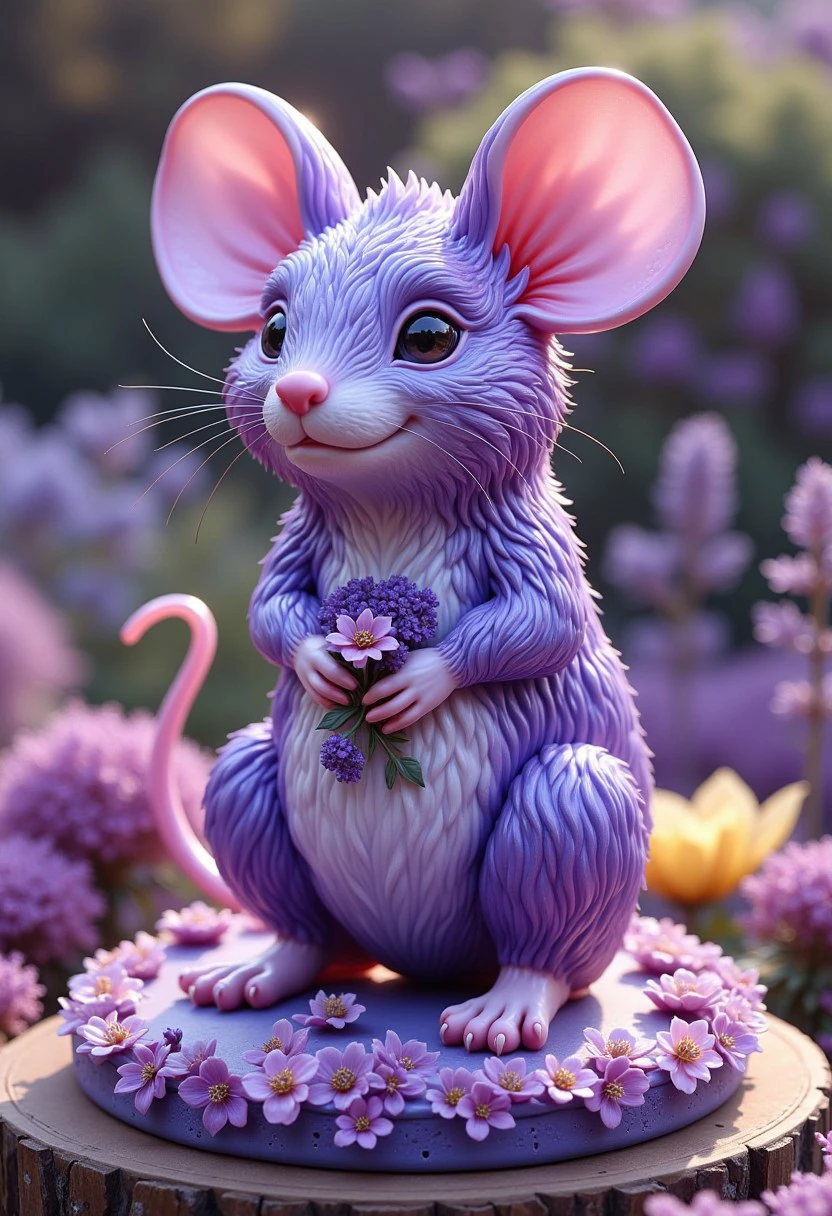 A beautiful statue of a mouse,purple,flowers,8k,photorealistic,