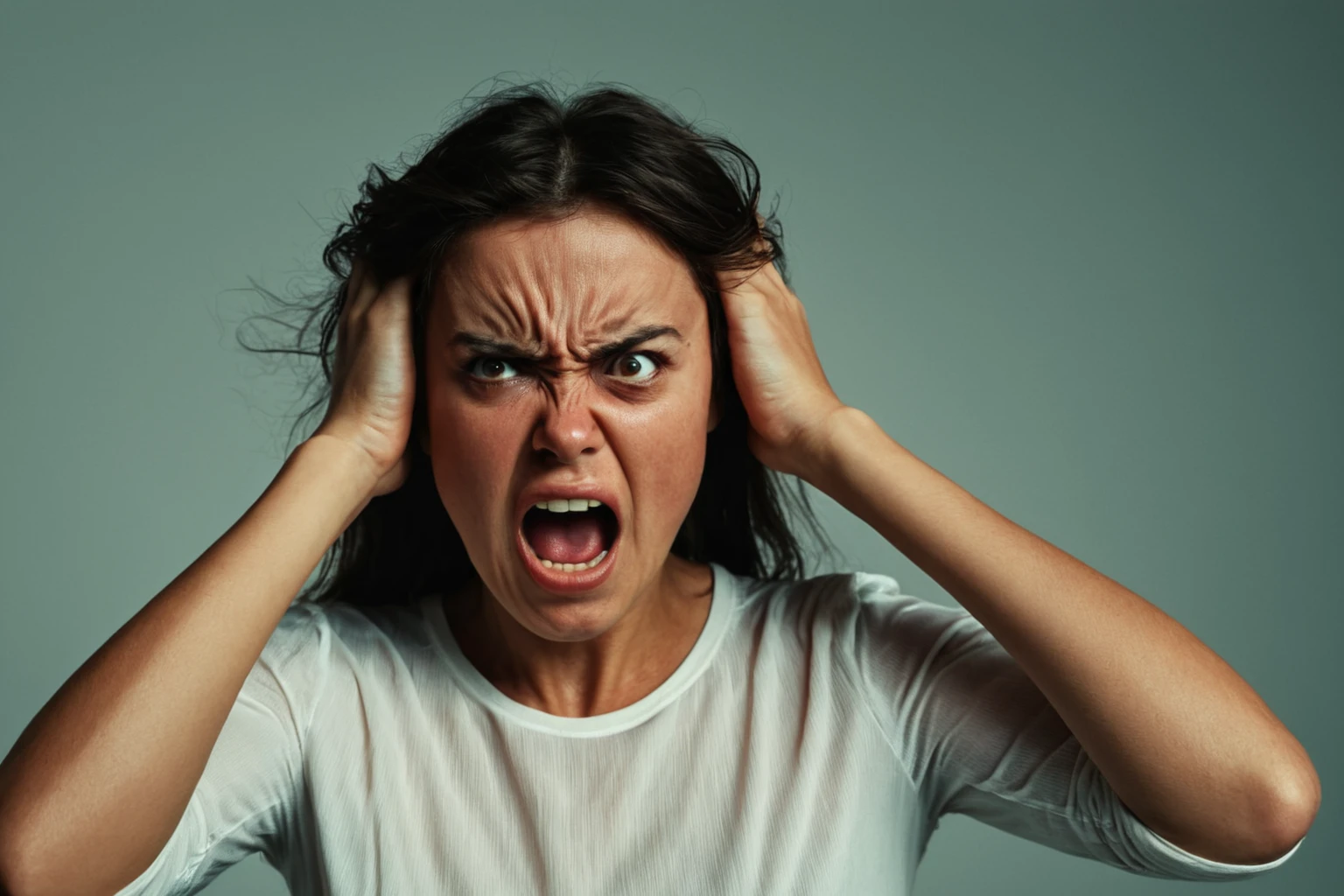 cinematic film still of <lora:facial expression style v3:1>
angry facial expression of a angry confused screaming worried woman with her hands on her head, themed, sharp, detailed skin, epic cinematic photography, artistic, creative, wrinkly face, dramatic lighting style, cinematic color style, Kodak film style, skin pore, emotional style, gustier style, facial expression style, angry facial style, 1girl, solo, long hair, open mouth, simple background, brown hair, shirt, white background, upper body, teeth, transparent background, realistic, screaming, hands on own head, black hair, long sleeves, black eyes
, shallow depth of field, vignette, highly detailed, high budget, bokeh, cinemascope, moody, epic, gorgeous, film grain, grainy