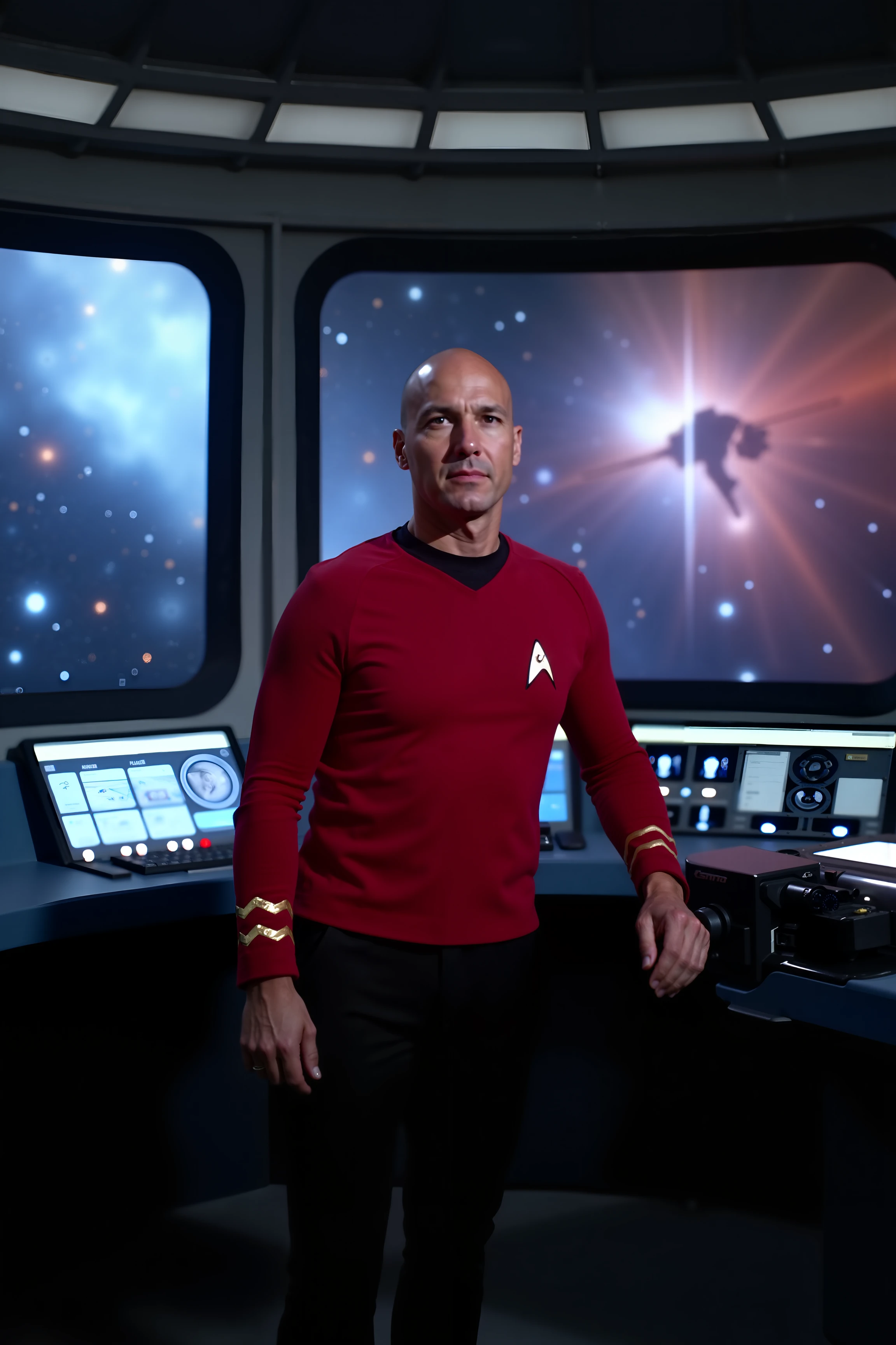 A high-resolution photo of a futuristic starship bridge, bathed in soft, ambient light from the ship’s control panels and displays. At the center of the scene, the captain, dressed in a striking red TOS uniform, stands confidently at the command station. The uniform’s sleek design and distinctive red hue contrast sharply with the cool, metallic tones of the bridge’s advanced technology. Behind the captain, large windows reveal a breathtaking view of distant galaxies and vibrant nebulae. The bridge is filled with an array of holographic interfaces and glowing control consoles, creating a high-tech, immersive environment. The captain’s posture and focused expression exude leadership and resolve, perfectly capturing the essence of futuristic command.