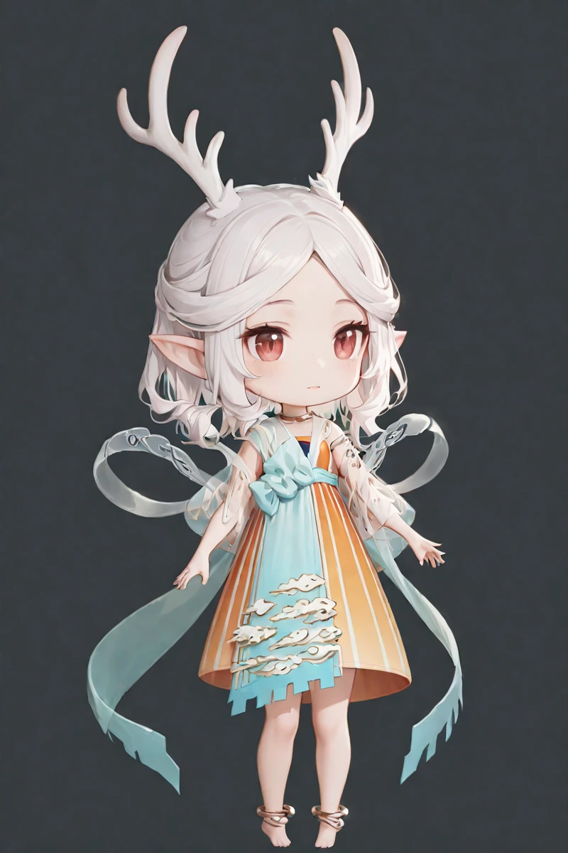 <lora:fumo3>,
1 girl,chibi,solo,
masterpiece,best quality,
fumo,simple background,
,antlers, pointy ears, barefoot, jewelry, dress, anklet, shawl, <lora:Yao_Yujianshenlu_xl:0.9>