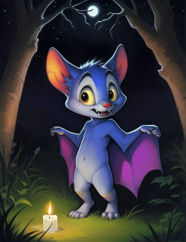 <lora:FlyingBatBrotherYif:1> FlyingBatBrother, bat,  blue fur,  red nose, (chibi), vampire, fangs, yellow sclera,
Looks at the viewer,  [ forest with ghosts, ((night)), moon, trees, stars,]  
[ large window, (nature), forest, grass, clouds, flowers,  blue pillows, candles, bed, , ]
(beautiful, aesthetic, perfect, delicate, intricate, saturated colors), masterpiece, digital drawing, best quality,
by by Faustsketcher, by Brian M. Viveros, by Colin Campbell Cooper, by Tsampikos