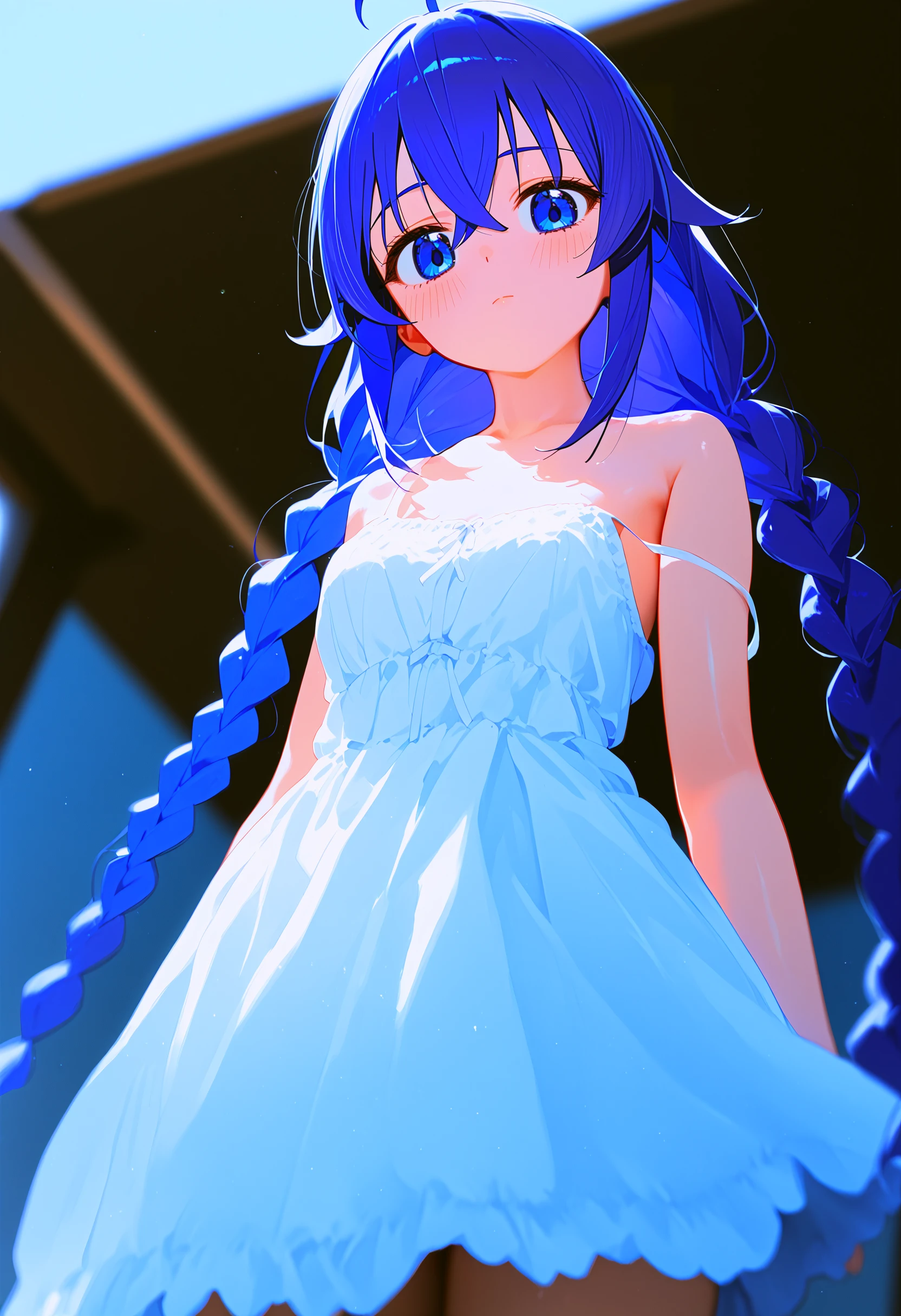 roxy migurdia, 1girl, long hair, white dress, blush, blue eyes, ahoge, collarbone, strap slip, hair between eyes, twin braids, closed mouth, blue hair, braid, sleeveless, looking at viewer, purple hair, sleeveless dress, bare shoulders, sundress, from below, pov blue theme, colorful, depth of field, blurry, foreshortening,
<lora:mushoku_tensei_collection_v2:1> source_anime, score_9, score_8_up, score_7_up, score_6_up, absurdres, masterpiece, best quality, very aesthetic