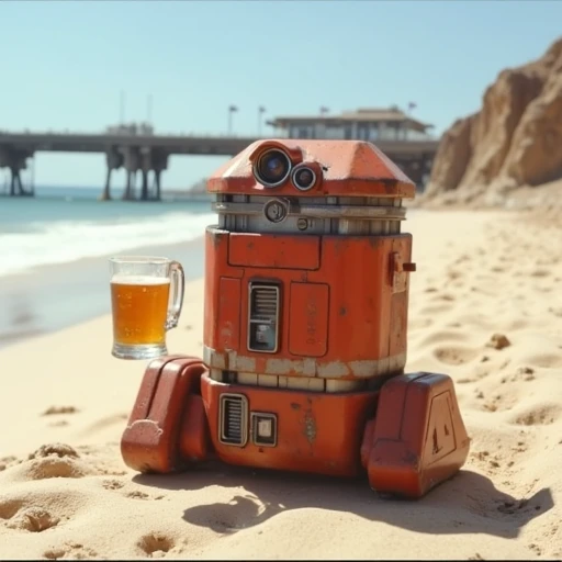 Star Wars B2EM0 droid on a beach having a beer