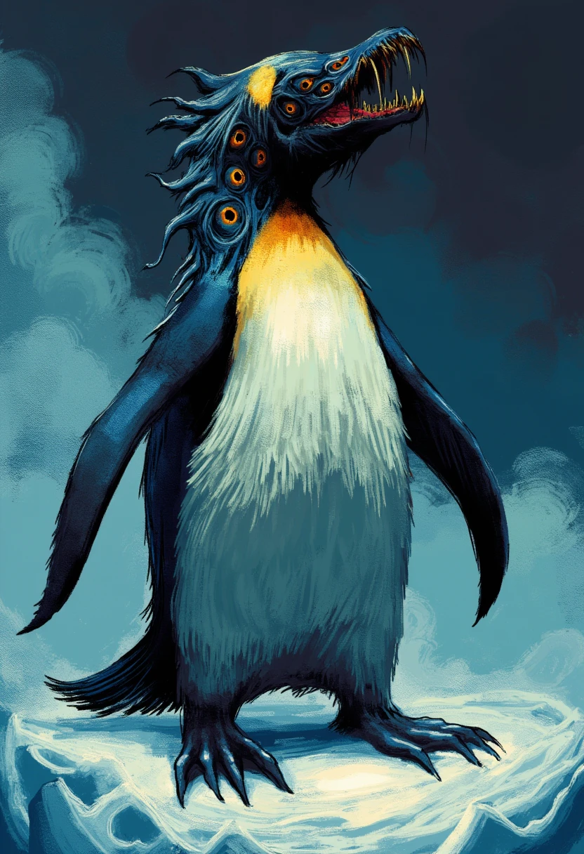 Penguin , north pole , eldritch horror , maws , spikes , many extra eyes on its body and head   <lora:DepthContrastFlux-sv_fro-0.97-16:1>