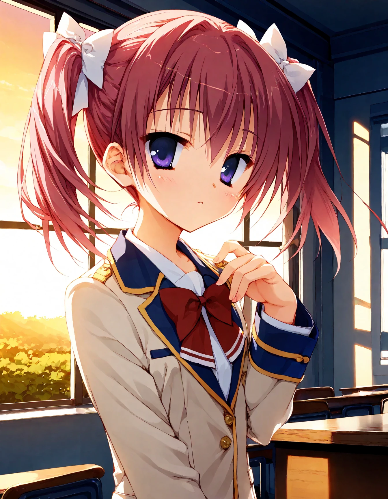 (score_9,score_8_up,score_7_up),source_anime,best quality,masterpiece,
yuzusoft_early, 1girl, solo, school_uniform, twintails, blush, sunset, window, red_hair, purple_eyes, ponytail, blue_eyes, short_hair, looking_at_viewer, hair_bow, pink_hair, hair_ribbon, blazer