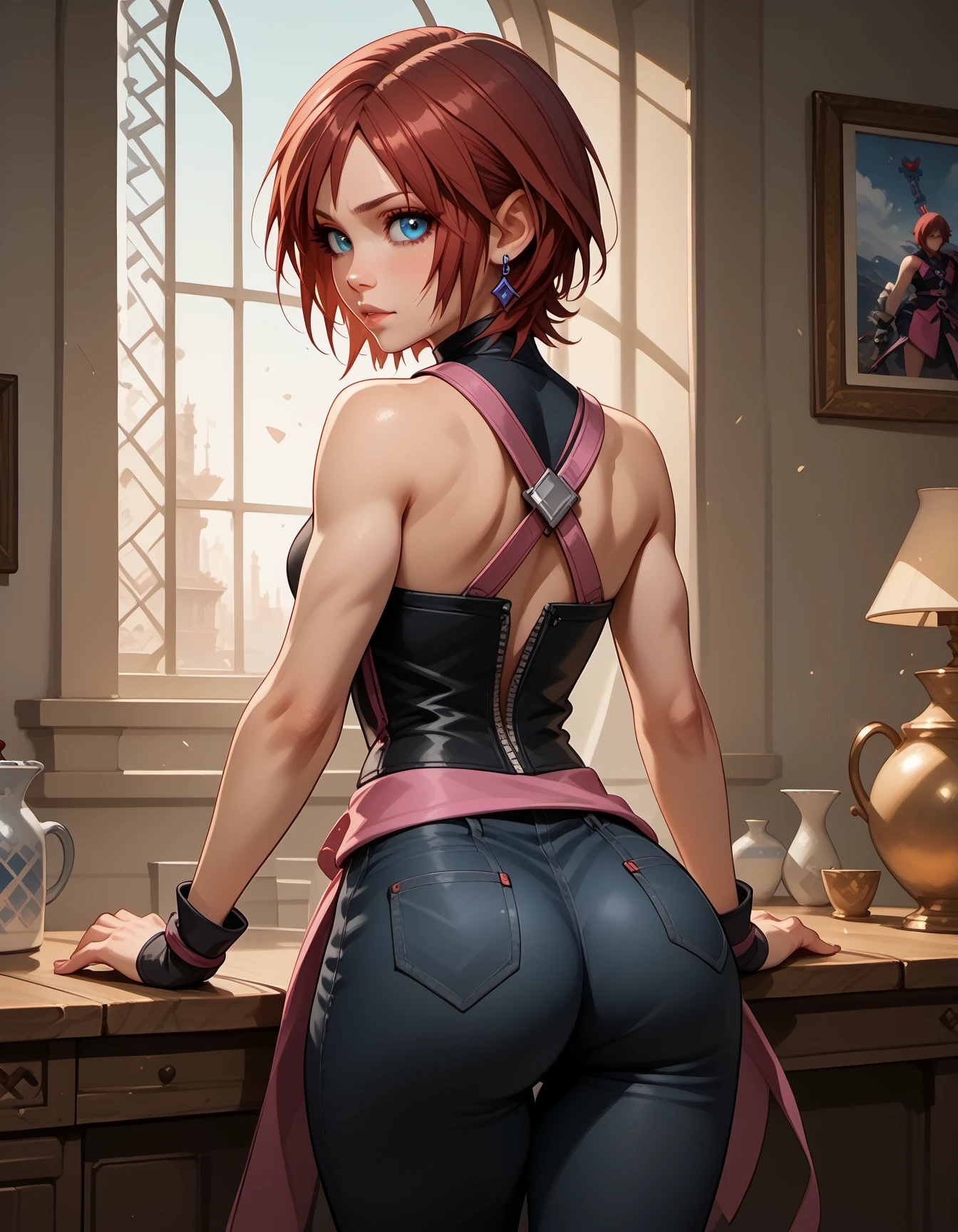 score_9, score_8_up, score_7_up, 1girl, solo, Kairi from Kingdom Hearts, from behind, tighgt ass, looking at viewer