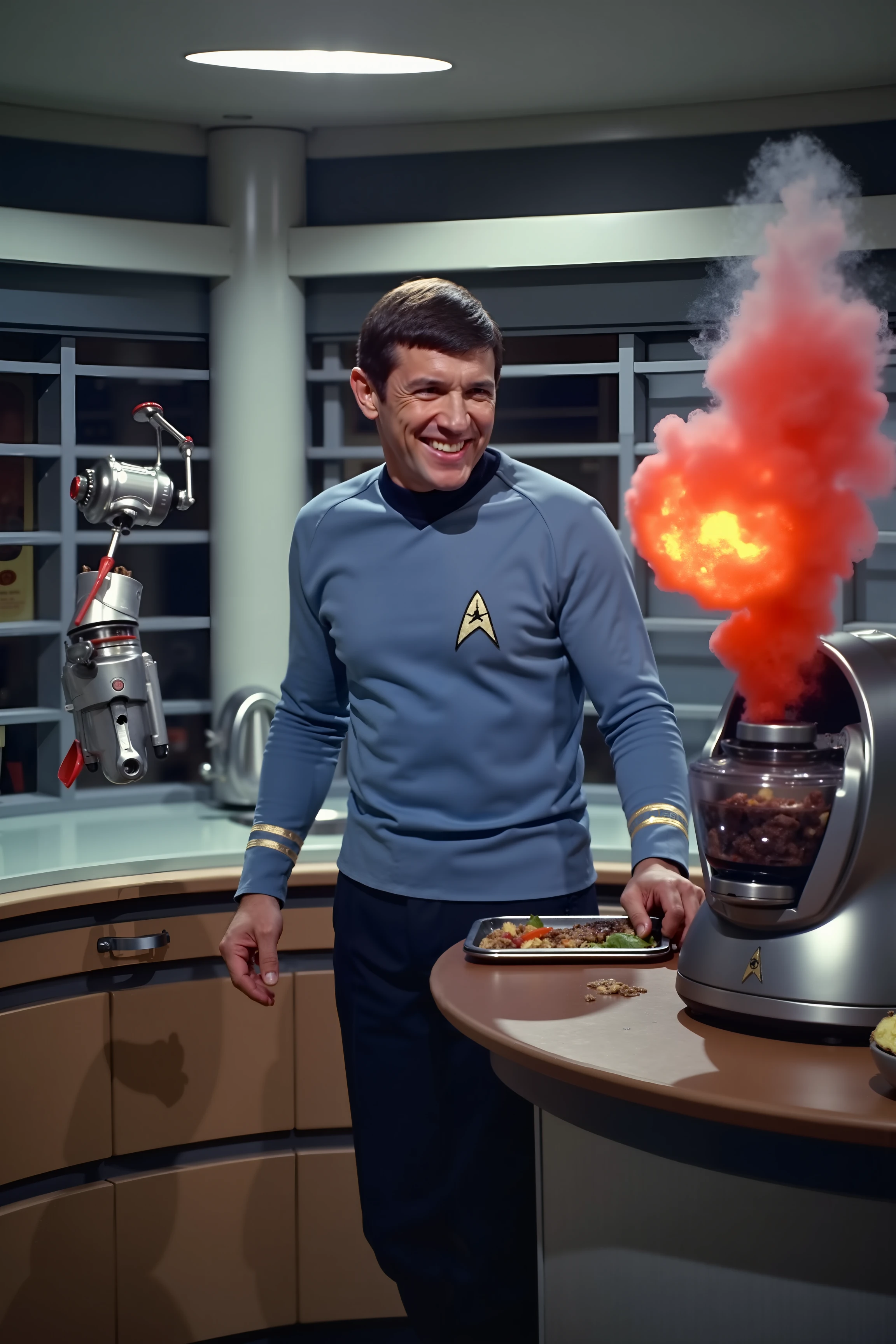 A funny photo of a person in a blue Star Trek TOS uniform attempting to cook in a futuristic kitchen. The character, with a playful grin, is surrounded by a chaotic scene: a small, robotic chef assistant is playfully tossing a pan of food into the air, while a burst of colorful, exaggerated steam erupts from an overzealous food processor. The blue uniform contrasts humorously with the kitchen's futuristic gadgets, which are humorously malfunctioning or humorously interacting with the character. The character’s attempt at cooking is further accentuated by a slightly burnt tray of food, an upside-down spatula, and a floating, puzzled expression on their face as they try to manage the culinary chaos. The kitchen is brightly lit, with a mix of sleek, high-tech appliances and comedic mishaps, creating a light-hearted, entertaining scene.