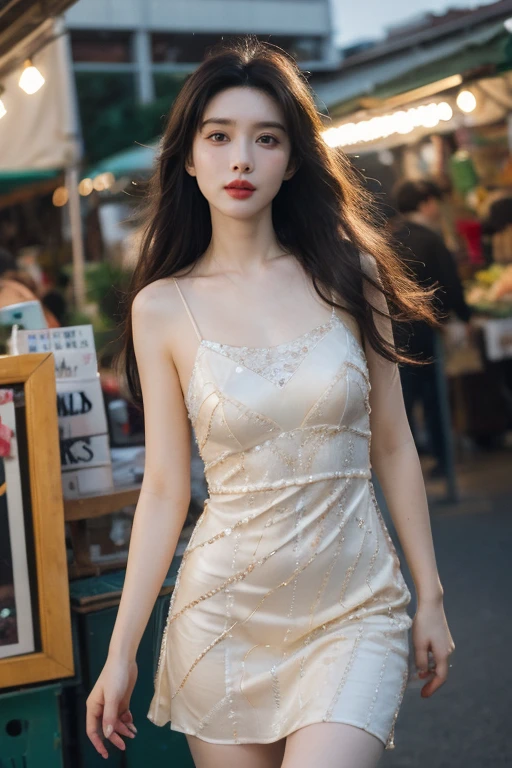 masterpiece, best quality, ultra-detailed, ultra high res, (photorealistic:1.4), raw photo, (realistic:0.2), 8k HDR, realistic lighting, looking at viewer, 1girl, solo, asymmetrical hair, outdoor, (traditional market:1.2), (day), bokeh, (detailed lips), (detailed pores), (detailed skin textures), (detailed face:1.2), (body:1.2), a woman in a sundress, (asian:0.2), standing, thigh gap,