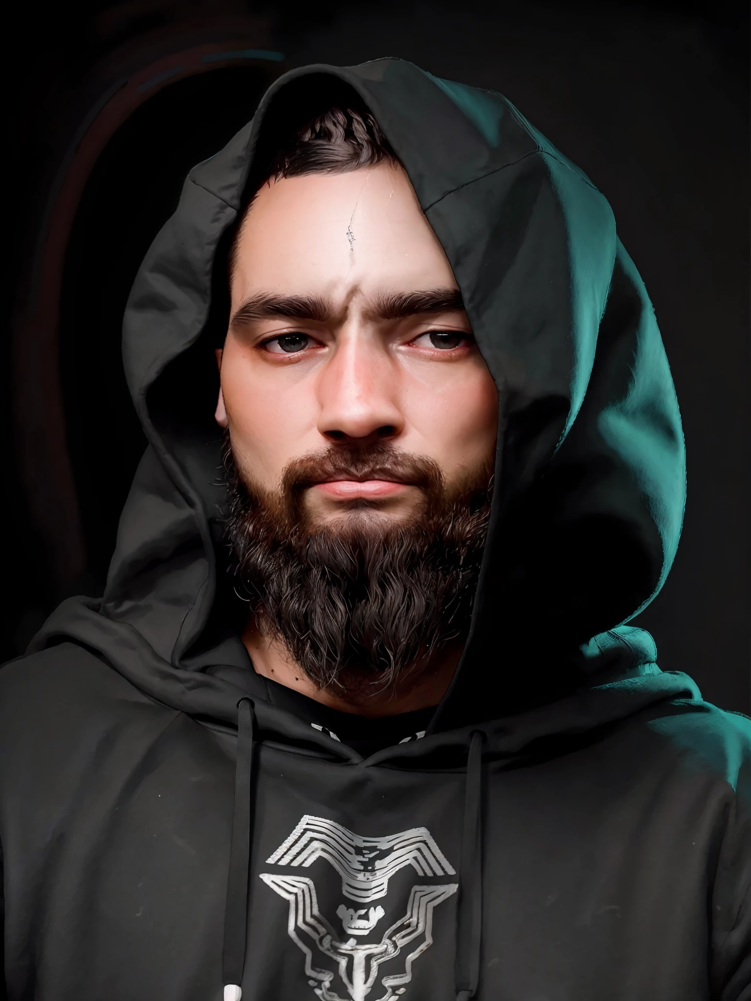 32K, Masterpiece, cinematic, perfect shading, art station enhanced, visually arresting photograph of <lora:josephov1:1> josepho, short hair, dark hair, beard, lowered hoodie, (((simple black background)))