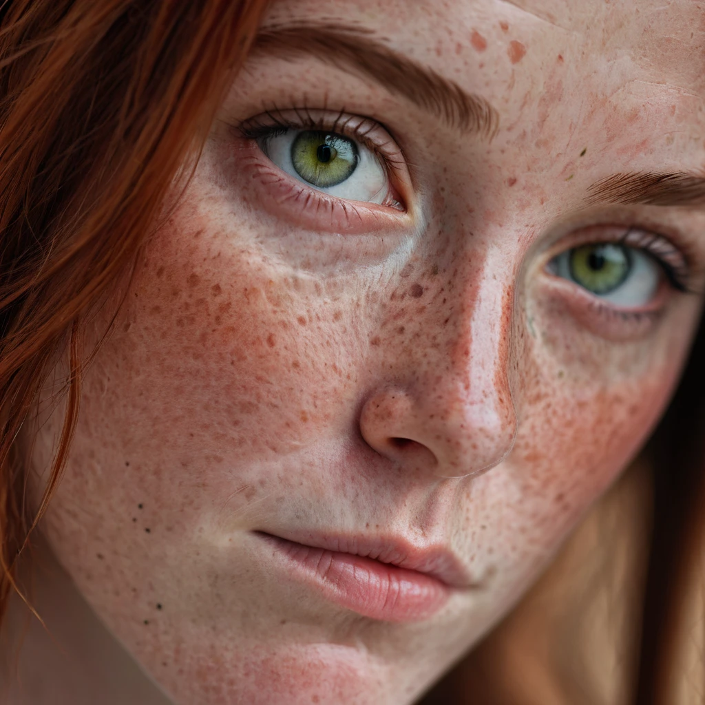 [(middle-aged woman with a soft, freckled complexion and gentle green eyes:close-up of her face, slight smile lines around her lips, delicate freckles scattered across her cheeks and nose, her auburn hair falling softly around her face, her eyes reflecting a calm, introspective mood):20], soft lighting creating a warm glow on her skin, highlighting the contrast between her freckled face and her serene expression, capturing a moment of quiet contemplation, (front face photographic super close up portrait:1.1)