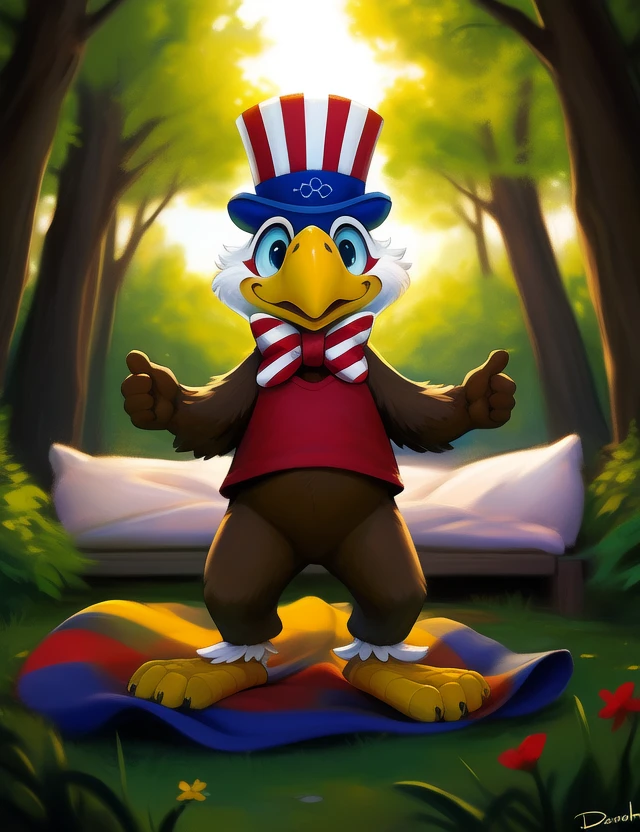 <lora:EagleANSamMasDom:1>   EagleANSamMas, Eagle, bow tie, red t-shirt,  top hat,  red white blue hat, Chibi, (bare bottom,)
Looks at the viewer,  ((dance))
[ large window, (nature), forest, grass, day shining, clouds, flowers, blanket, blue pillows, candles, bed, pillows, ]
(beautiful, aesthetic, perfect, delicate, intricate, saturated colors), masterpiece, digital drawing, best quality,
[by dagasi|ancesra:0.6], [by foxovh|personalami:0.5], [by einshelm|tom_fischbach],