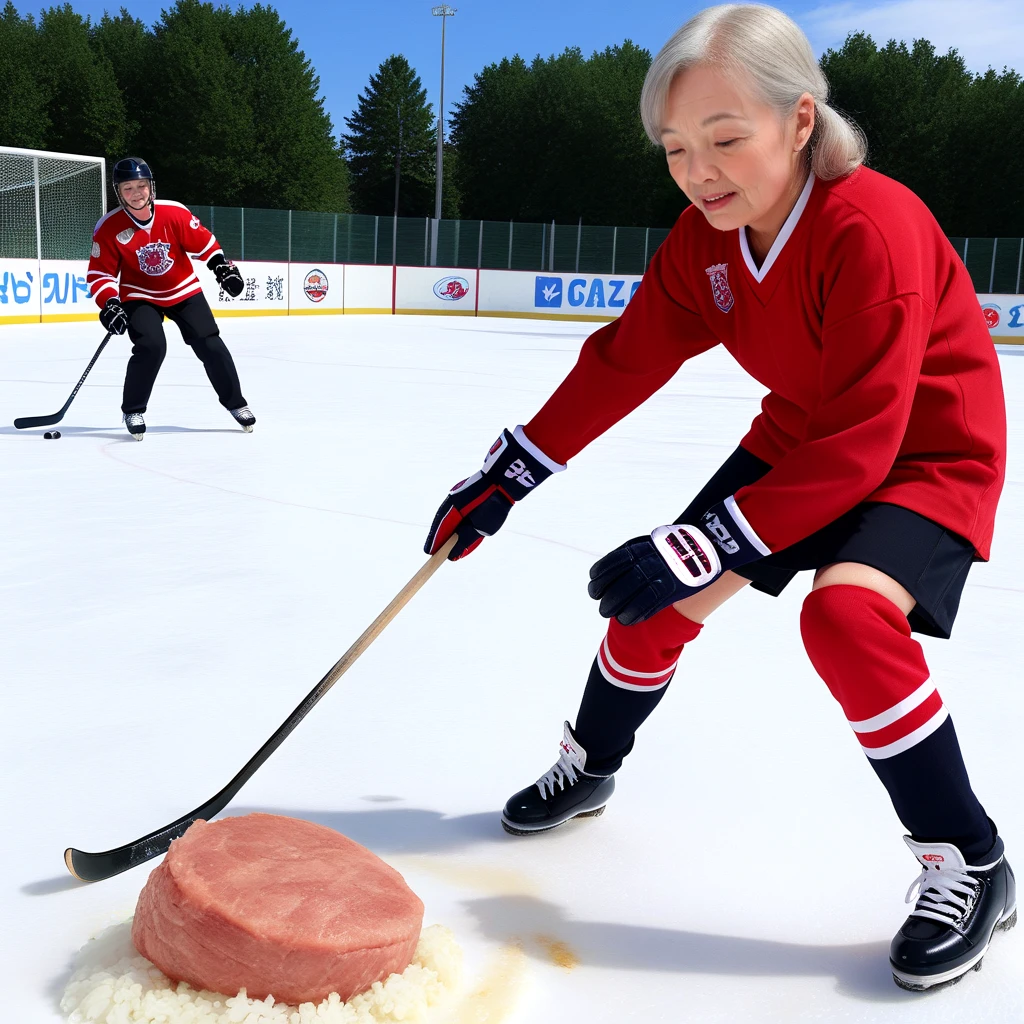 <lora:fish_steak_tartare_SDXL:0.5>, old woman, playing, meat, rice, outdoor, sports, realistic, hockey, gloves