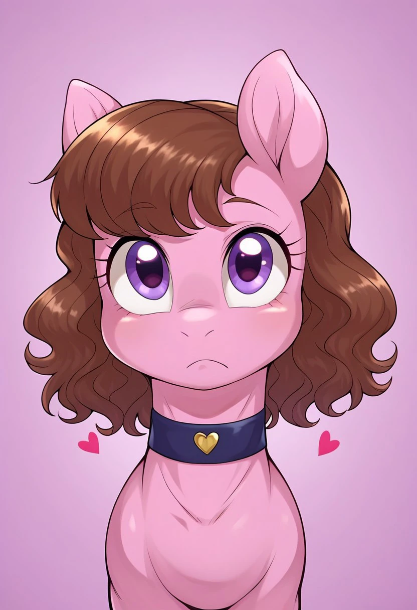 score_9, score_8_up, score_7_up BREAK , ((brown hair,short hair,wavy hair),(pink body),(purple-eyed),mare,earth pony female,eyelashes,cute:5,adorable:3,adorasexy:1,good_anatomy,female feral pony), pony, g4, bust, choker, cute, female, frown, heart, looking at you, mare,  pink background, happy, simple background, solo, mnfclub, zPDXLxxx