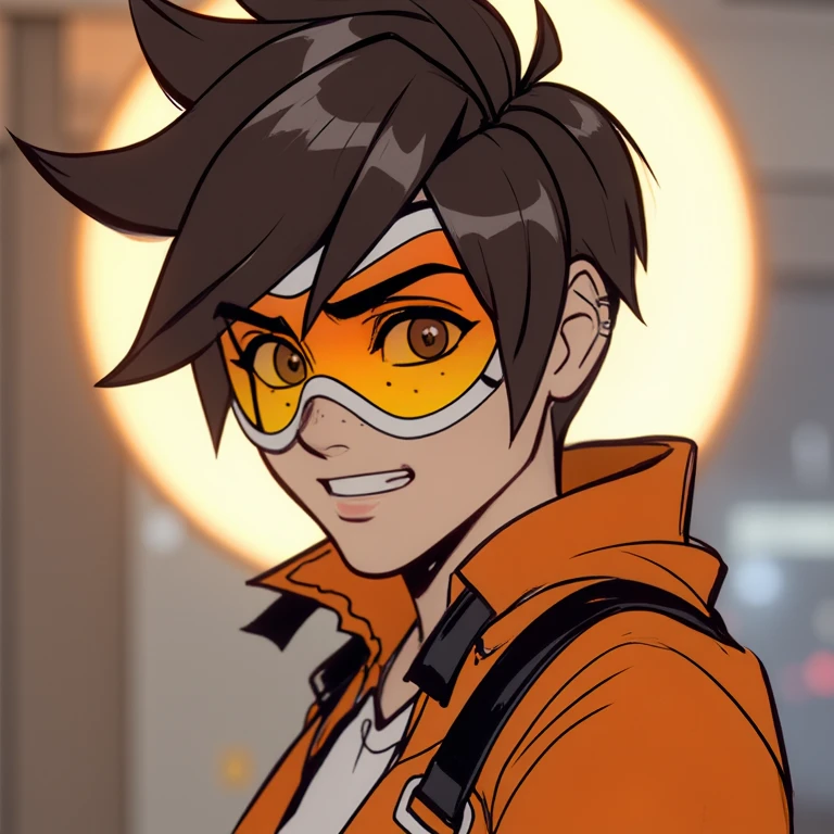 A dynamic and expressive portrayal of a young Tracer girl reminiscent of a hero in an action-packed world, her intense gaze full of determination. Sheâs the only character in the frame, radiating a sense of energy and purpose. Her posture and facial expression capture the essence of a warrior ready to take on any challenge, with a mix of confidence and a hint of playful mischief. The background suggests a futuristic setting, adding depth to her character as someone who thrives in fast-paced, high-stakes environments,  <lora:tracer_facial_expressions:1.1>