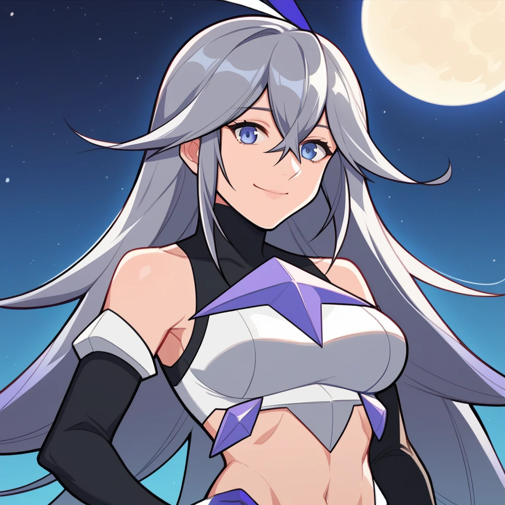 score_9_up, score_8_up, masterpiece, best quality, 1girl, solo, Bella, Bel_Def, moon light, starry sky, night sky, standing, looking at you, hand on hip, angled shot, sweet smile, hand on chest, upper body, face focus, grey hair, hair between eyes, hair ornament, long hair, white armor, purple armor, breastplate, black turtle neck, detached sleeves, black sleeves, white gauntlet, purple finger gloves, white gloves, midriff, navel, short shorts, black shorts, white thighhighs, two-tone skirt, mature body, dynamic cowboy shot, outdoors, sky clouds background