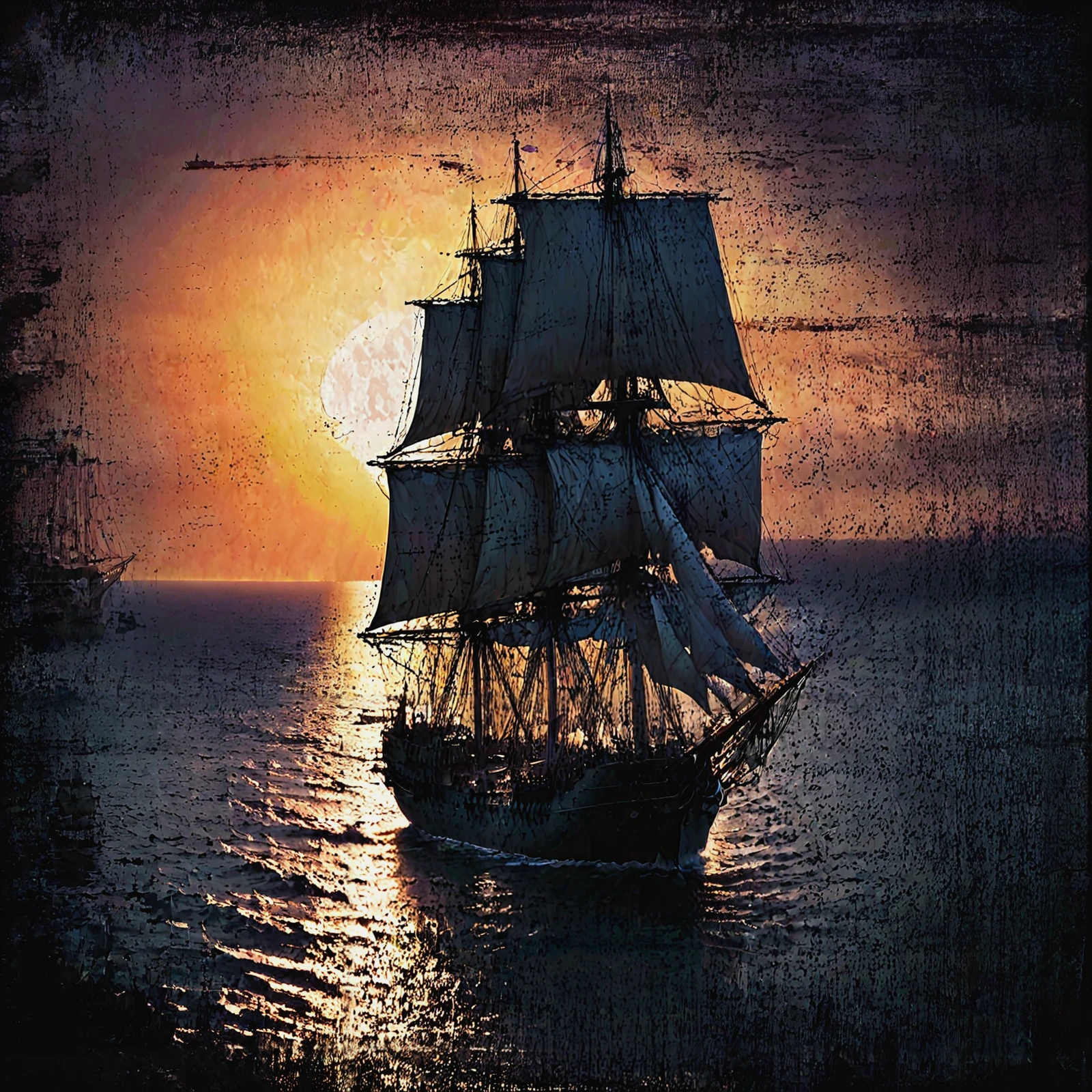 A ship on the ocean with sails raised. A setting sun. 

<lora:PhotoDistressed01-00a_CE_SDXL_128OT:1> dstrsdPhtoCE
