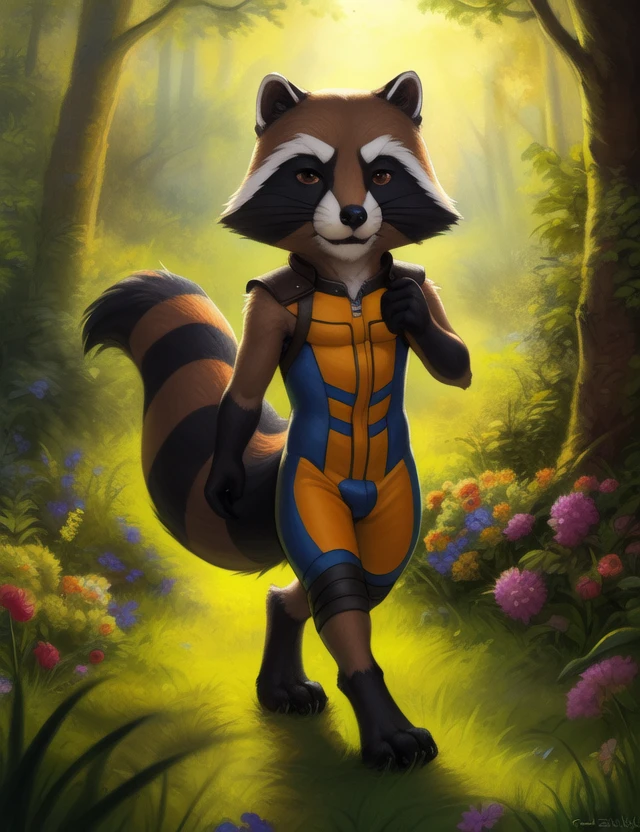 <lora:RocketRacGyDoMix:1> RocketRacGy, Racoon, Orange jumpsuit, Brown eyes,, chibi,
Looks at the viewer, ((walking ))
[ large window, (nature), forest, grass, day shining, clouds, flowers, blanket, blue pillows, candles, bed, pillows, ]
(beautiful, aesthetic, perfect, delicate, intricate, saturated colors), masterpiece, digital drawing, best quality,
[by kenket|by totesfleisch8], by thebigslick:by silverfox5213:0.8], [by syuro, by paloma-paloma::0.2, (Tricksta, TotesFleisch8)