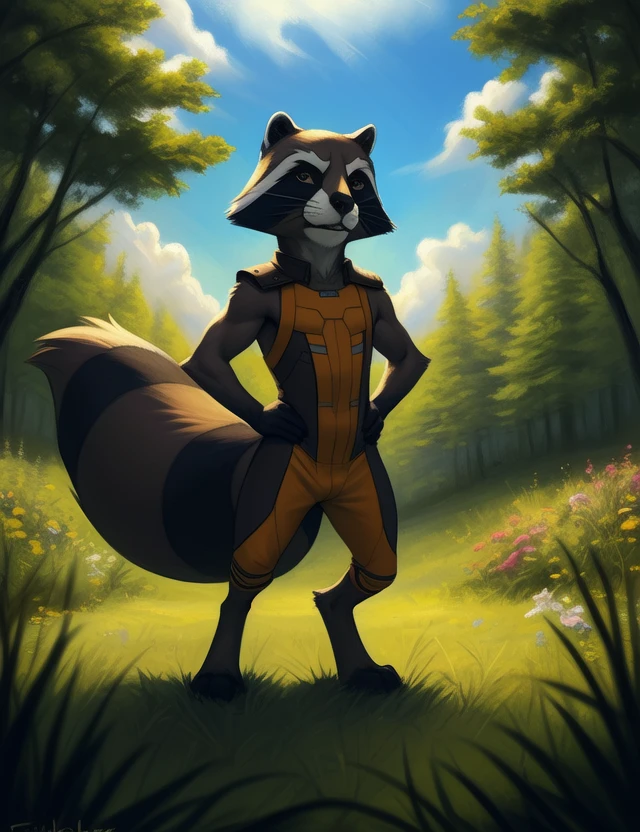 <lora:RocketRacGyYif:1> RocketRacGy, Racoon, Orange jumpsuit, Brown eyes, chibi, 
Looks at the viewer, ((Hands on hips, thumbs up))
[ large window, (nature), forest, grass, day shining, clouds, flowers, blanket, blue pillows, candles, bed, pillows, ]
(beautiful, aesthetic, perfect, delicate, intricate, saturated colors), masterpiece, digital drawing, best quality,
by taran fiddler, by cynicalstarr, by personalami,