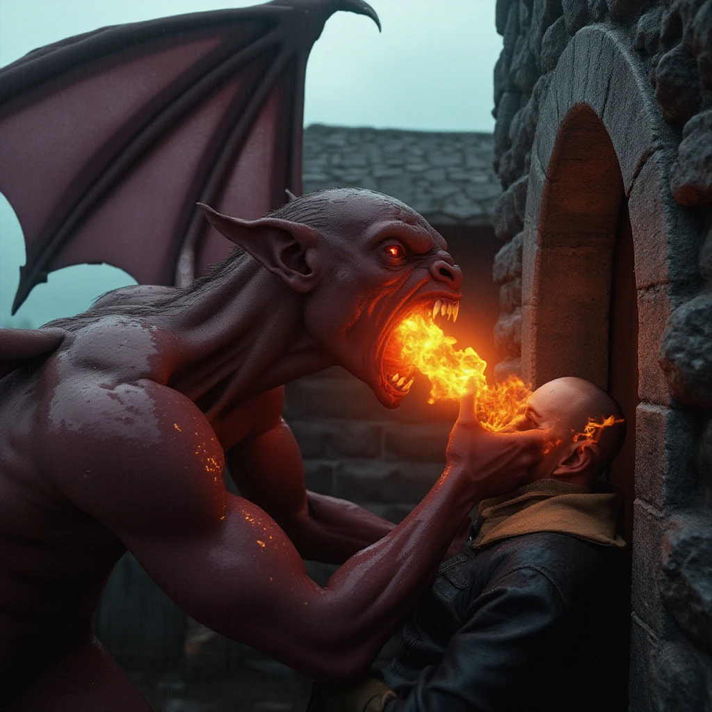 film scene from Denis Villeneuve. Cinematography. horror atmosphere. hellish. from above.

n the pouring rain, a muscular, hairless night creature with glistening wet skin engulfs a helpless peasant in a sphere of glowing red flames, emanating deep from within its throat. The creature's body is taut with aggression, its wings partially unfurled as it looms menacingly. The cloudy sky behind provides a pale backdrop, enhancing the contrast with the creature's dark, imposing form. This moment captures the raw fury and primal power of the night creature, ready to unleash its deadly attack.

A film scene with hyper-realistic cinematography and a tense, horror atmosphere. The night creature, with rain-soaked skin, pins a terrified peasant against a stone wall, its sharp teeth bared in a snarl. The peasant struggles desperately as the creature's fiery eyes glow with unrelenting ferocity. The dark, enclosed space amplifies the tension, creating an intense, life-or-death confrontation.