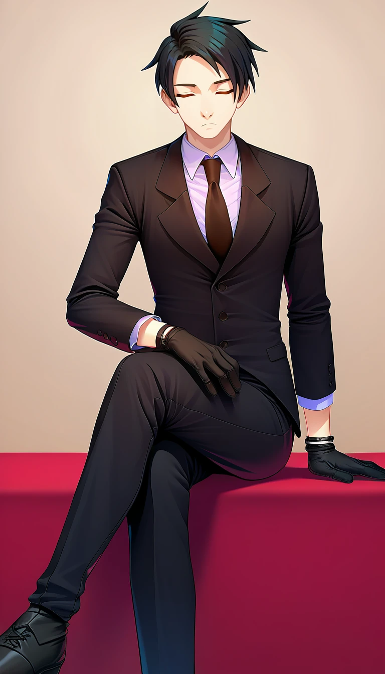 embedding:zPDXL2 ,source_anime,rating safe,looking at viewer,1boy,solo,kyoichiro,gloves,necktie,closed eyes,suit,formal,sitting,crossed legs,pants,cowboy_shot,