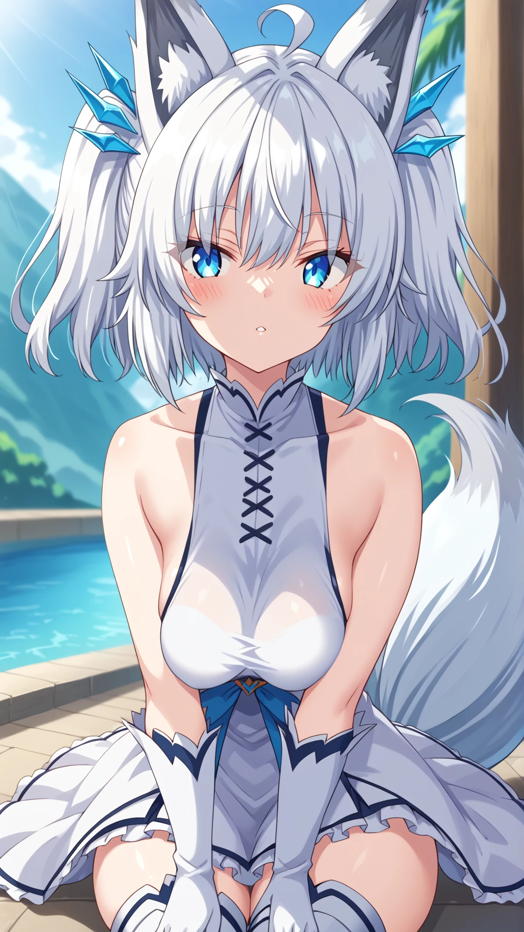 Shirakami Fubuki,High resolution,high quality,8K,1 girl,cute,blush,white micro bikini,Nipples protrude from the swimsuit,huge nipples,Poolside,Low - Angle,huge breasts,最high quality,beautiful breasts,