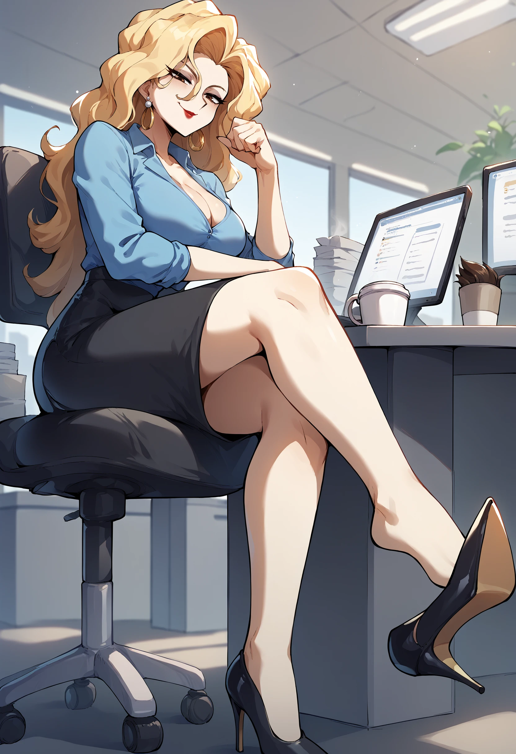 score_9, score_8_up, score_7_up, score_6_up, source_anime, uncensored,
Onna Shachou is sitting on chair, coffee cup, crossed legs, shoe dangle, dangling, from below, detailed fingers, 5 fingers, elbow rest, full body, clenched hand, 
1girl, mature female, solo,
looking at viewer, light smile, half-closed eyes, flirting, looking down, 
blonde hair, long hair, brown eyes, earrings, makeup, lipstick,
office lady, blue shirt, miniskirt, black skirt, high heels, black footwear, 
large breasts, cleavage,
indoors, office, table, computer, 
<lora:Onna Shachou3216PDXL:1>  <lora:shoe-dangling:1>