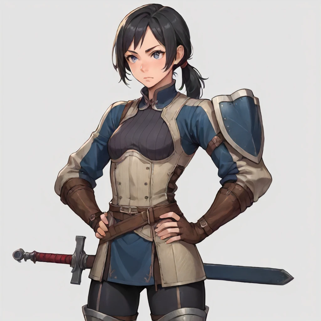 (cowboy shot, solo, simple background:1.4)  BREAK              <lora:MarianPony_v1:0.7> marian, 1girl, young woman, black hair, short hair, (gray-blue eyes), low ponytail, athletic body, strong. BREAK       blue shirt, armor,    hands on hips <lora:Clothing FEA Merc Armor v1:1> feamerc,, score9, masterpiece, detailxl. BREAK