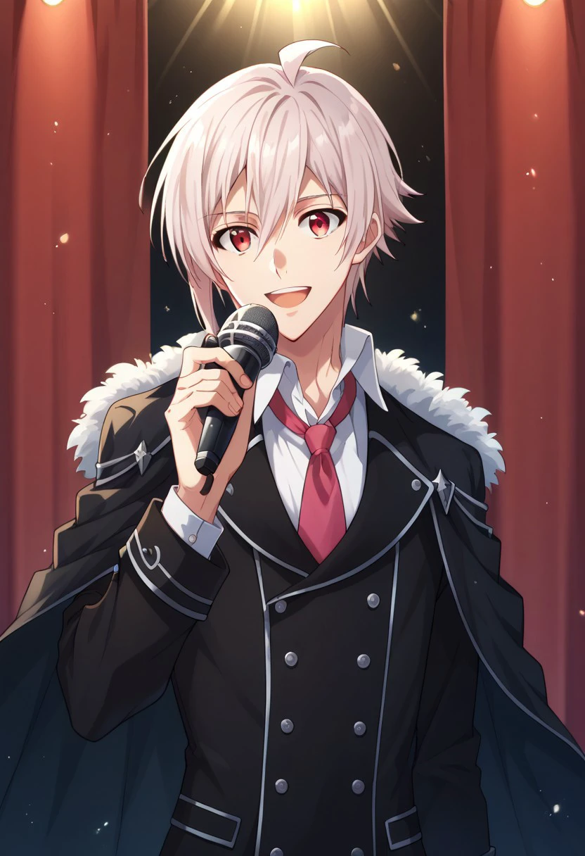 score_9, score_8_up, score_7_up, source_anime, highly detailed, 
tennkujo, 1boy, male focus, solo, microphone, smile, open mouth, cape, pink hair, black cape, looking at viewer, necktie,
holding, holding microphone, ahoge, red eyes, upper body,
indoor, stage,