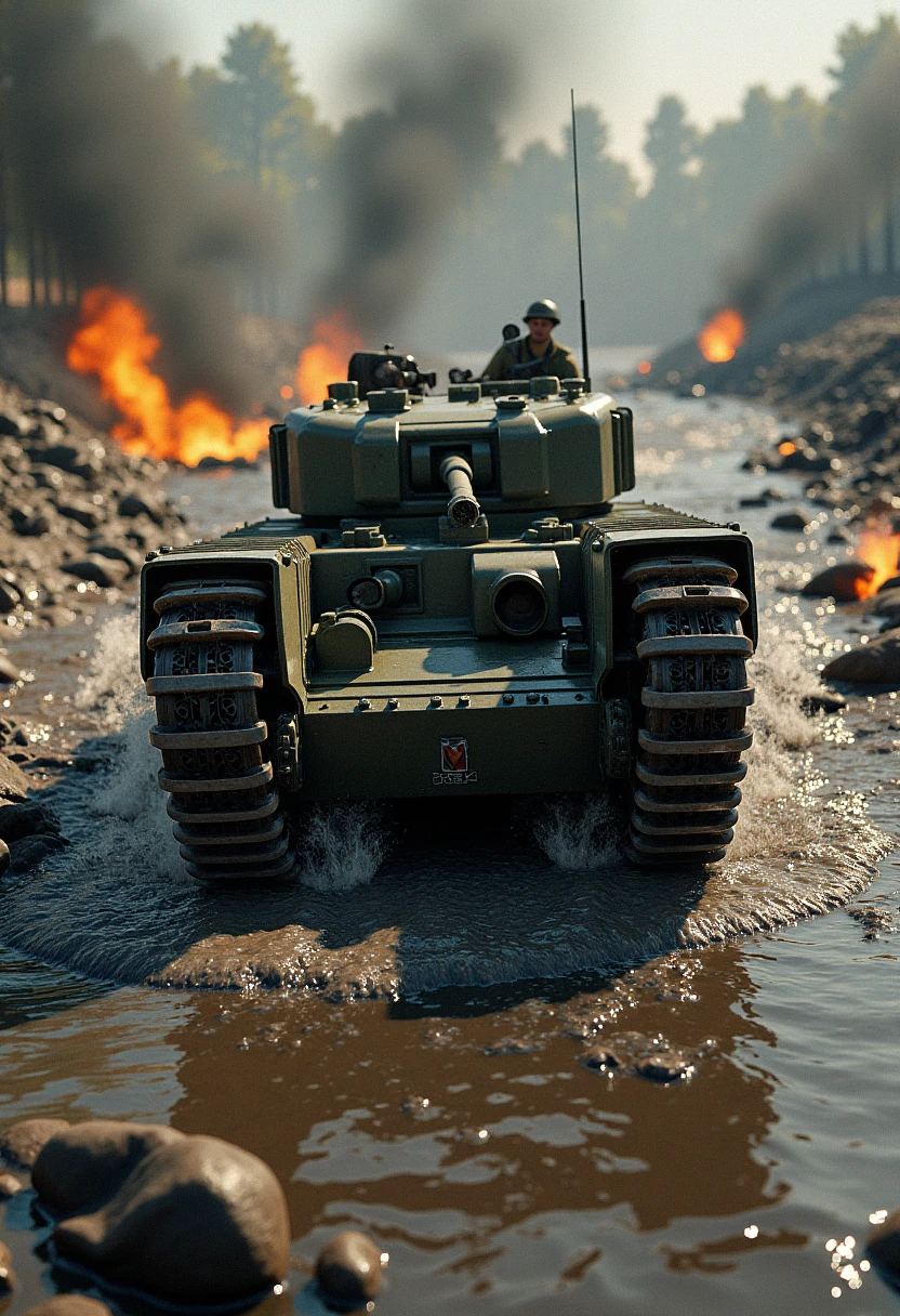 A Churchill tank fords a shallow river under heavy fire, its thick armor deflecting rounds as it slowly pushes through the water. Enemy forces on the opposite bank launch a barrage of mortars and machine-gun fire, but the tank continues its advance, its main gun returning fire with precision. The riverbank is steep and muddy, the water churning around the tank’s treads as it makes its way across, while Allied troops cover its flanks from behind makeshift barricades.

The photorealistic image captures the dramatic moment with a focus on the interaction between the tank and its environment. The water splashes around the Churchill’s treads, with droplets captured in mid-air, adding a dynamic quality to the scene. The tank’s wet armor reflects the dim light, giving it a slick, battle-worn appearance. Smoke from the enemy’s weapons blurs the background, while the sharp details of the tank and the splintered riverbank draw the viewer’s eye to the center of the action.