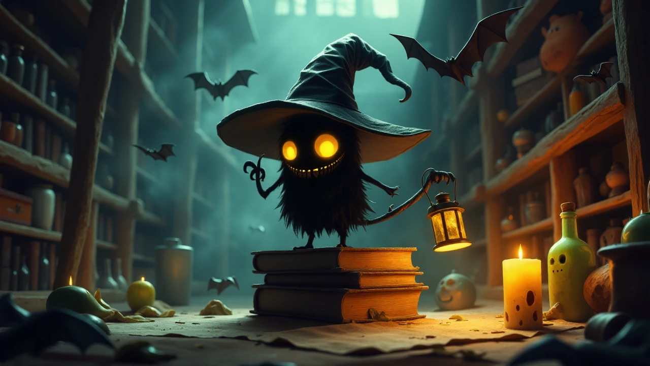 illustration in lolsart style, A mischievous shadow creature peeks out from under a comically large witch's hat, its body a mass of inky darkness with glowing yellow eyes, tiny sharp-toothed grin visible beneath the brim, stubby arms clutching a glowing lantern that casts eerie shapes on nearby walls, standing atop a stack of dusty spell books in a moonlit library, surrounded by floating candles and animated origami bats, shelves in the background filled with quirky potions and magical trinkets, <lora:lolsart:1.0>