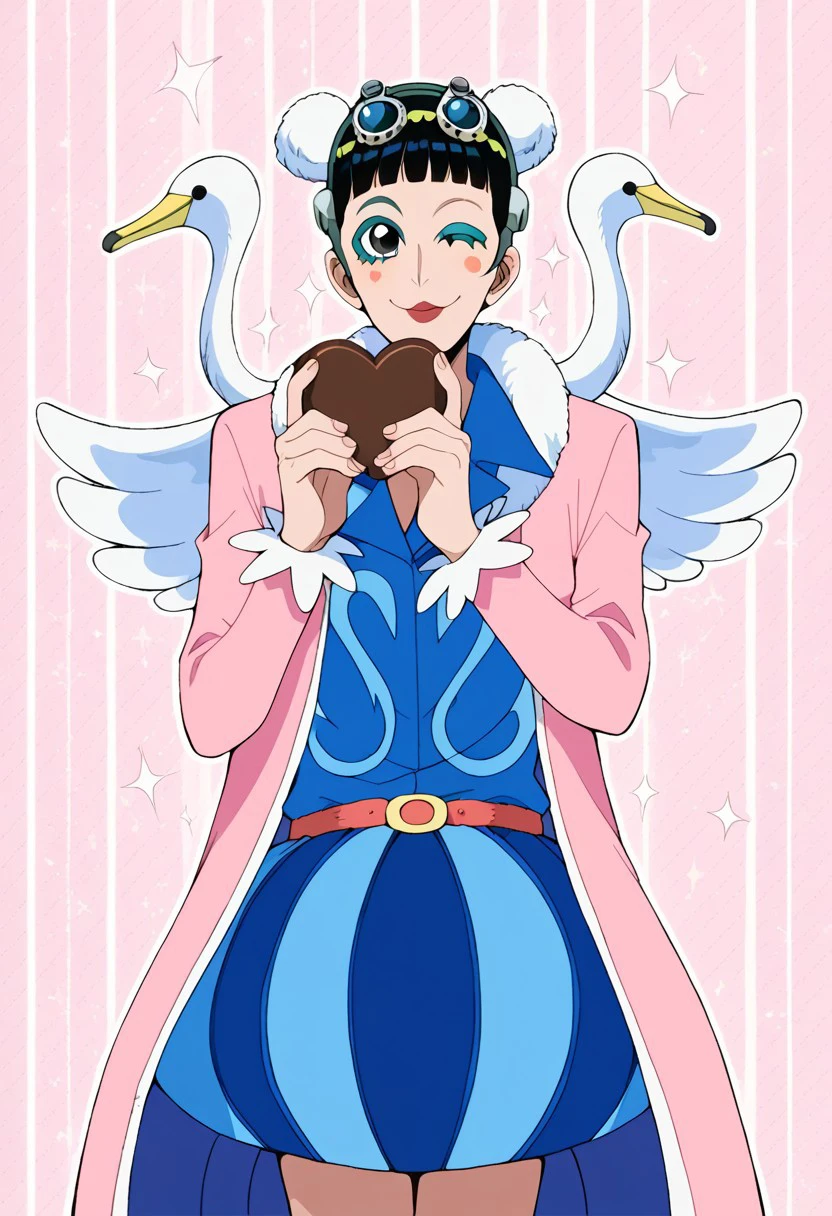 score_9, score_8_up, score_7_up, source_anime, rating_safe, sparkles, holding heart chocolate, BonOP, (black_Bon_hair), makeup, black eye, 1boy, male focus, goggles on head, pink_fur-trimmed coat, blue_shirt, Bon_swans, green_Bon_circlet, white_hair buns, red-yellow_belt, blue_Bon_skirt, one eye closed, wink, hands with five fingers, simple light pink patterned background, cute wallpaper, happy-cheery, pink theme, outline,