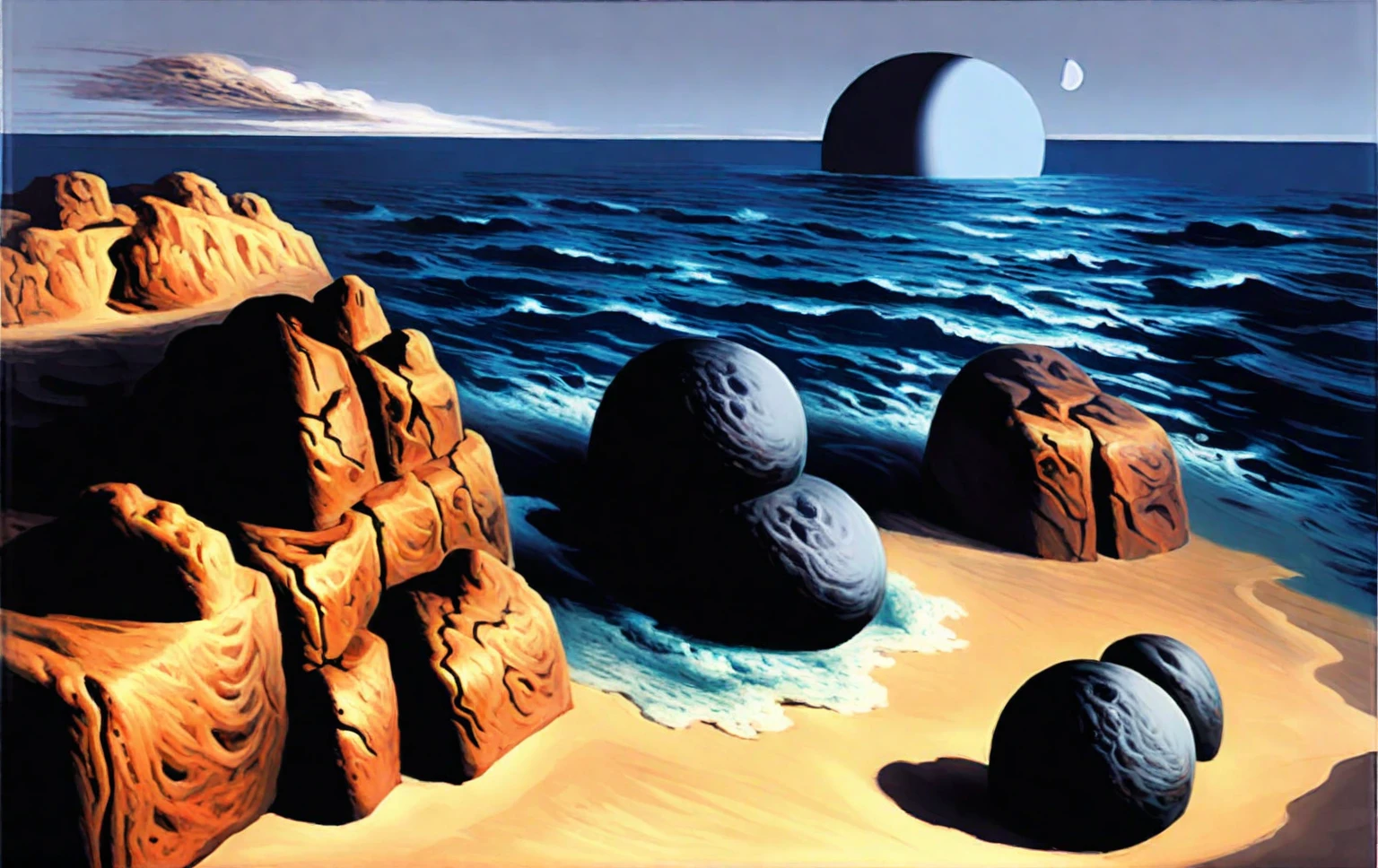 <lora:sabinbalasa_pony_v2:1>' ocean' by Balasa Sabin in 2002, symbolic painting \(genre\), Kitsch \(style\), Surrealism \(style\), water beach rocks moon, score_9, score_6_up, score_7_up